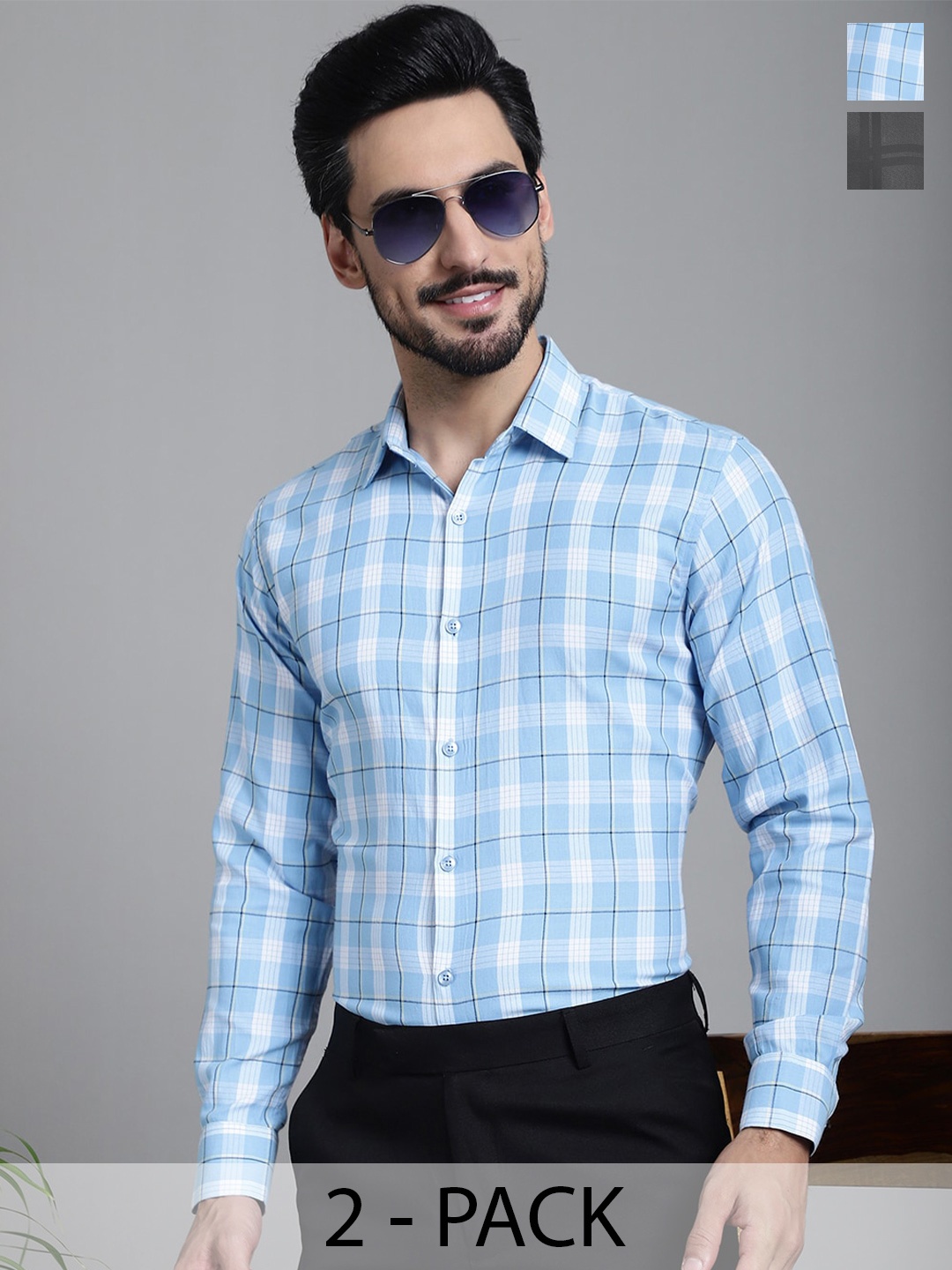 

Indian Needle Pack Of 2 Classic Checked Formal Shirts, Charcoal