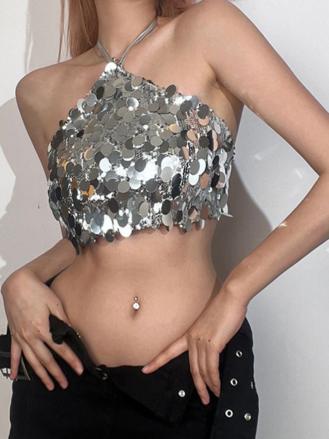 

StyleCast x Revolte Embellished Tie-Up Neck Styled Back Crop Top, Silver