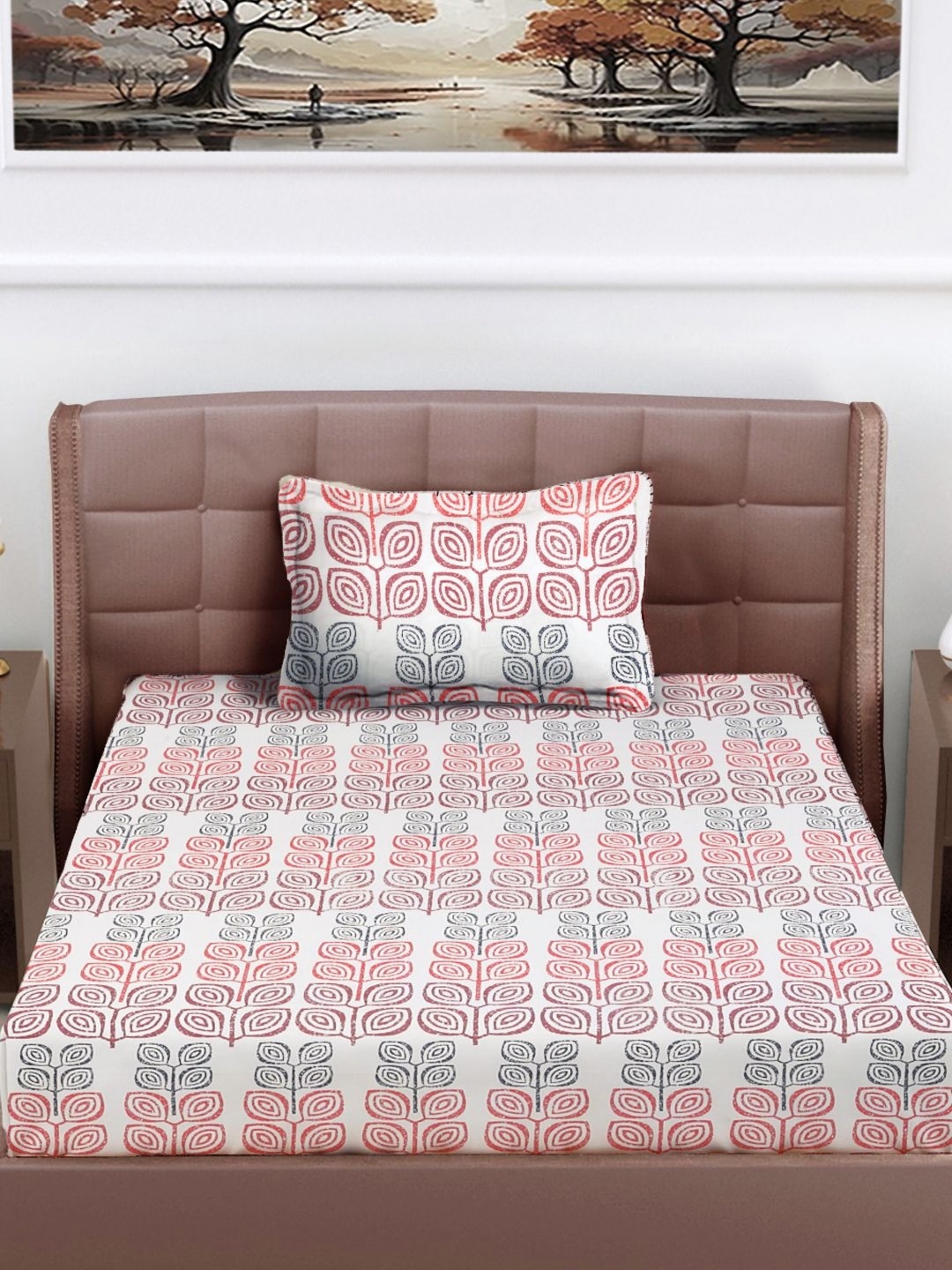 

FABINALIV White & Maroon Floral 300 TC Single Bedsheet with 1 Pillow Cover