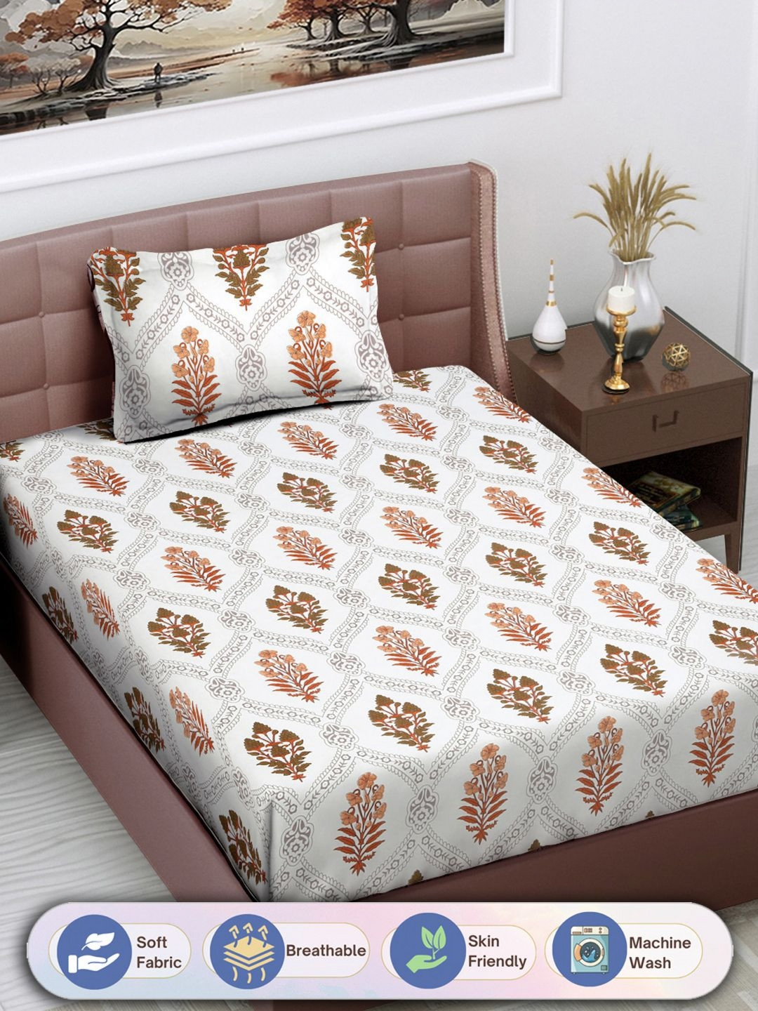 

FABINALIV White & Brown Floral 300 TC Single Bedsheet with 1 Pillow Cover