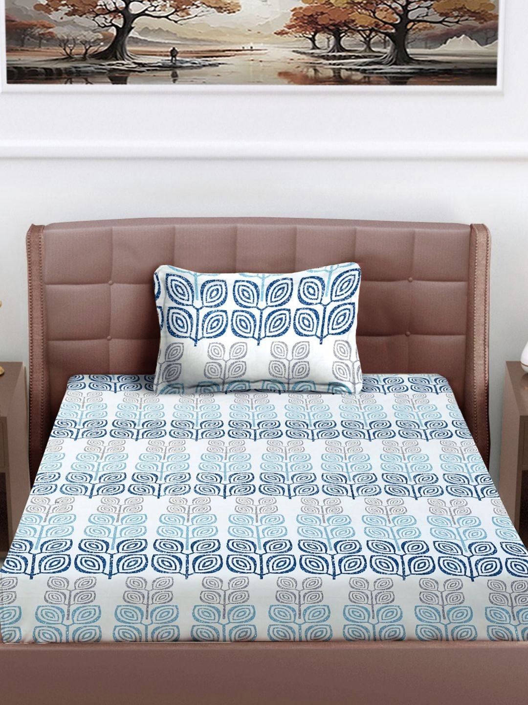 

FABINALIV White & Blue Floral 300 TC Single Bedsheet with 1 Pillow Cover