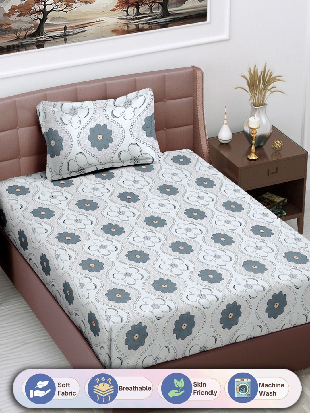 

FABINALIV White & Grey Floral 300 TC Single Bedsheet with 1 Pillow Cover