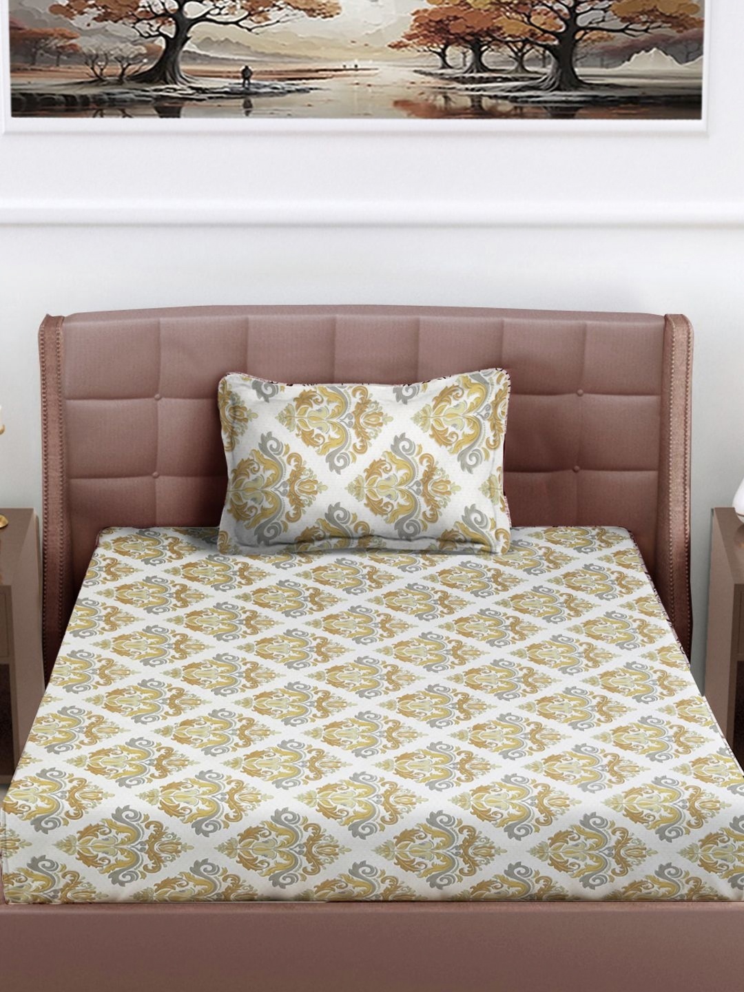 

FABINALIV White & Beige Ethnic Motifs Printed 300 TC Single Bedsheet With 1 Pillow Cover