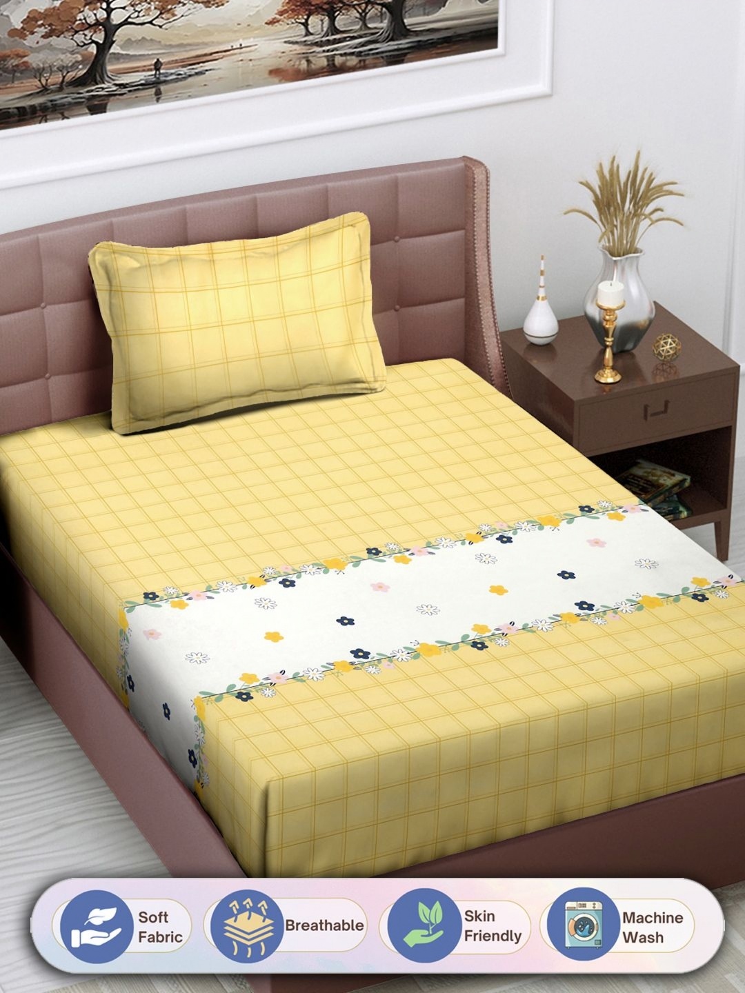 

FABINALIV Yellow & White Geometric 300 TC Single Bedsheet with 1 Pillow Cover