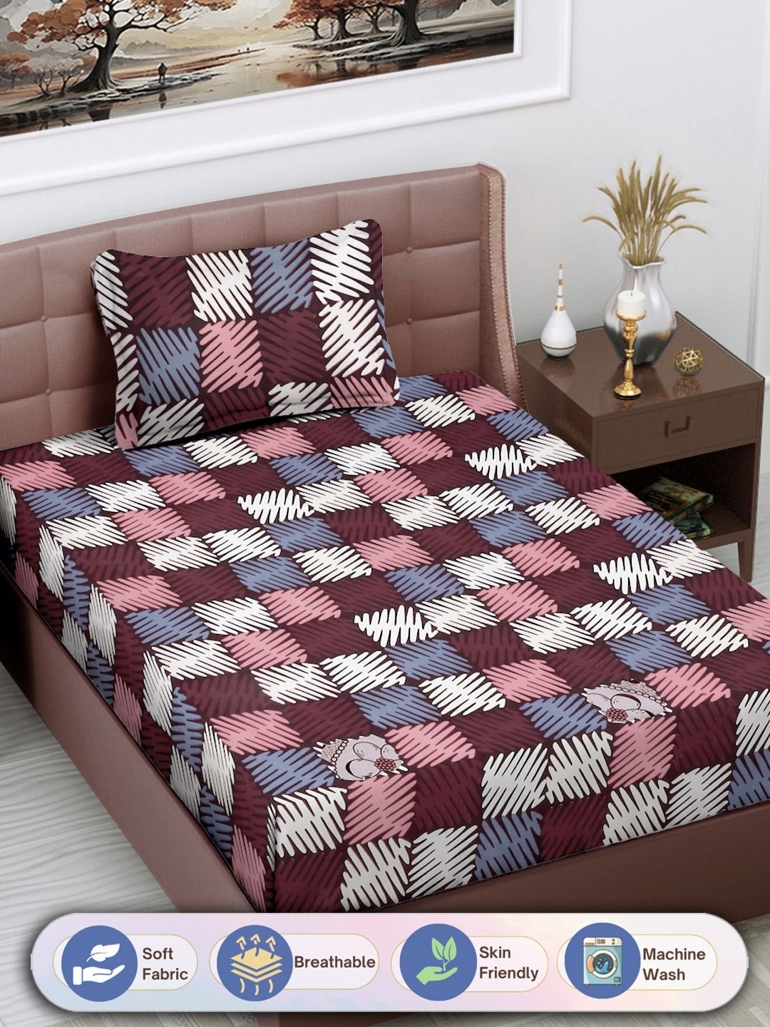 

FABINALIV Pink & White Geometric 300 TC Single Bedsheet with 1 Pillow Cover