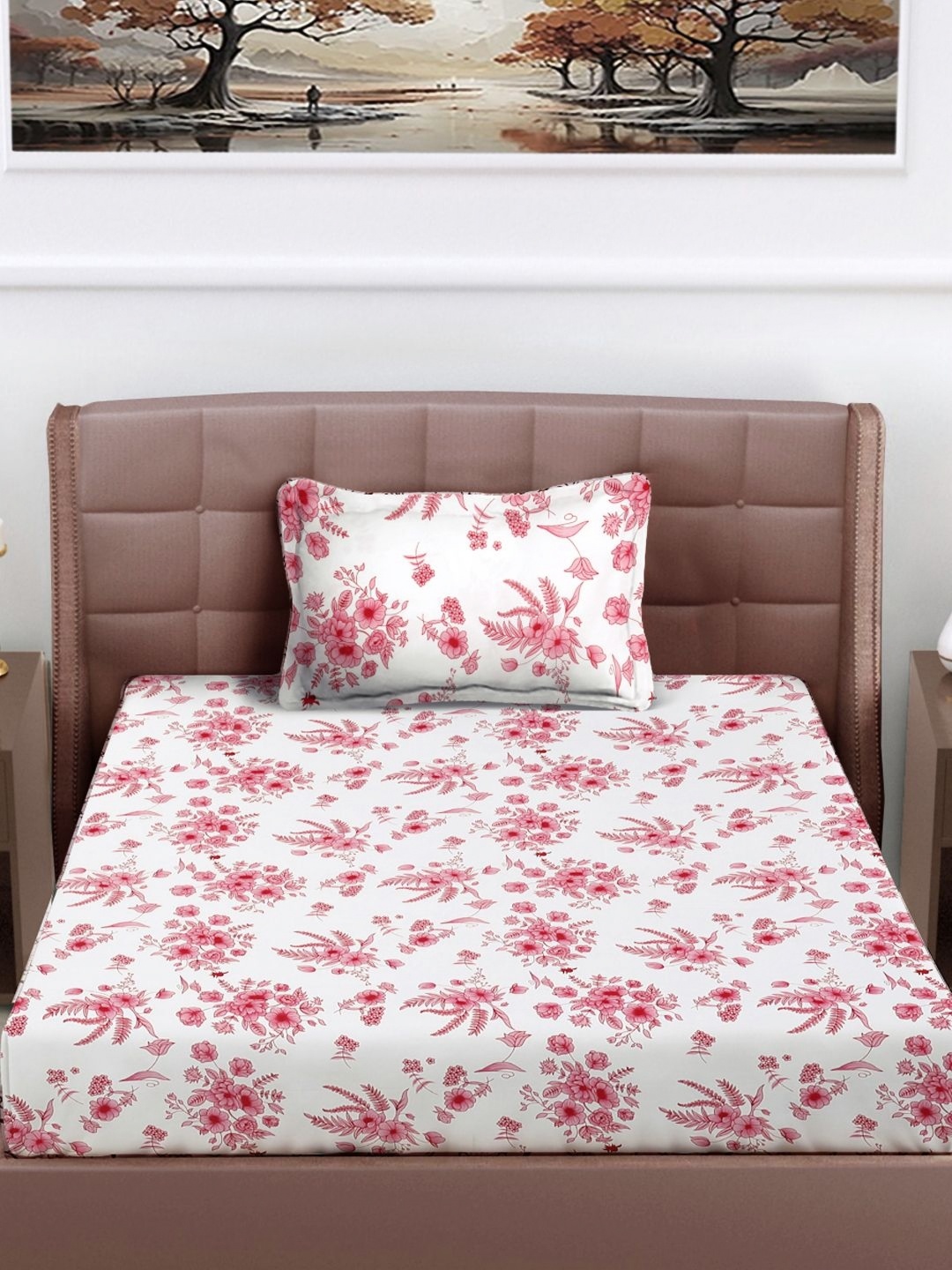 

FABINALIV White & Pink Floral 300 TC Single Bedsheet with 1 Pillow Cover