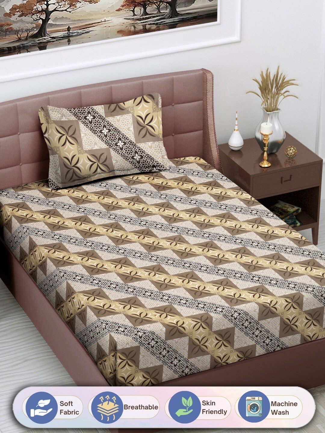 

FABINALIV Brown & Grey Geometric 300 TC Single Bedsheet with 1 Pillow Cover