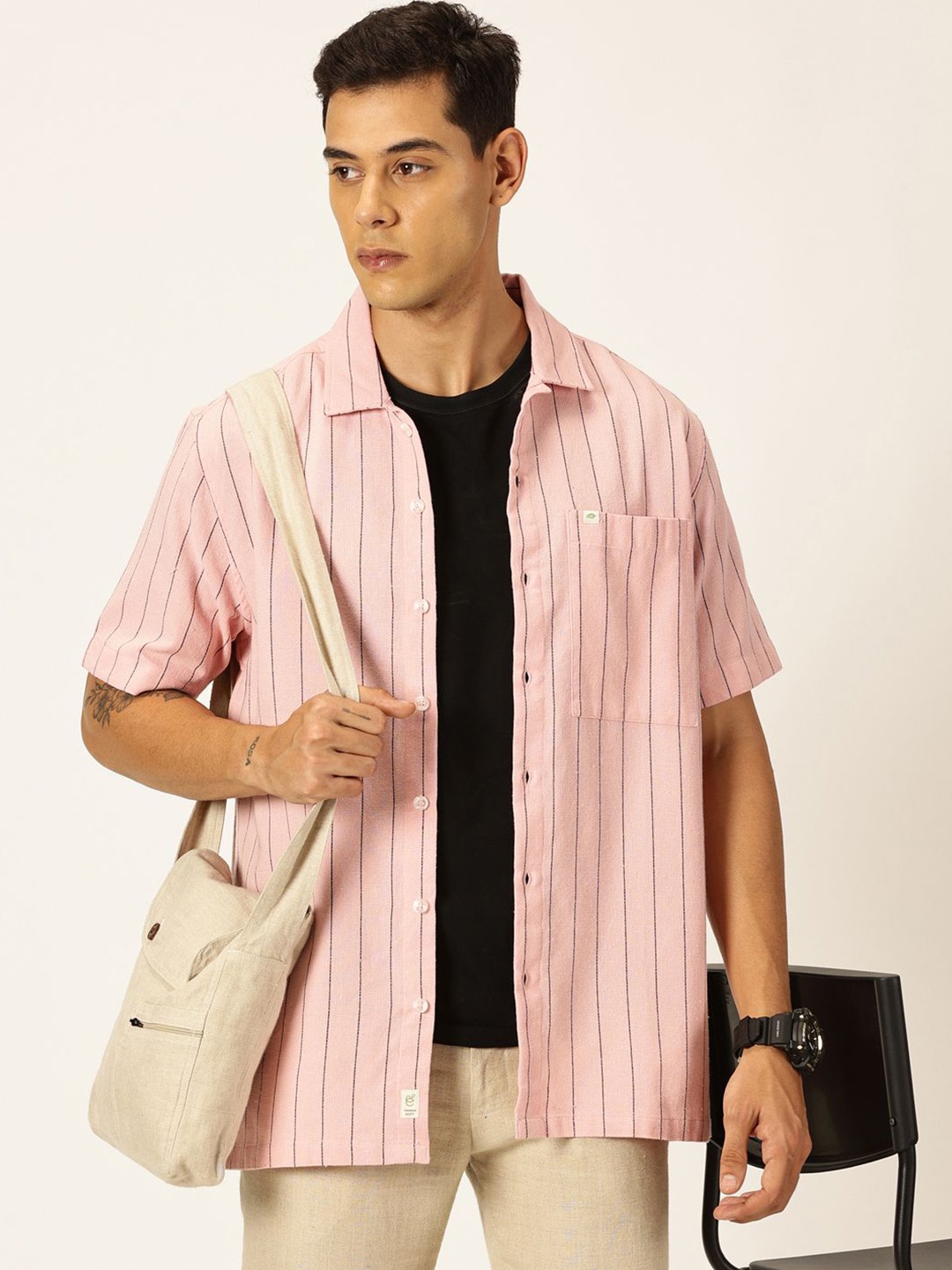 

Thomas Scott Men Premium Cuban Collar Casual Shirt, Pink