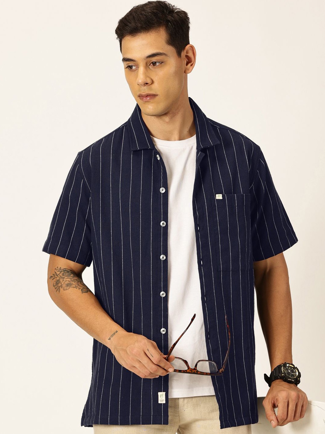 

Thomas Scott Men Premium Cuban Collar Casual Shirt, Navy blue