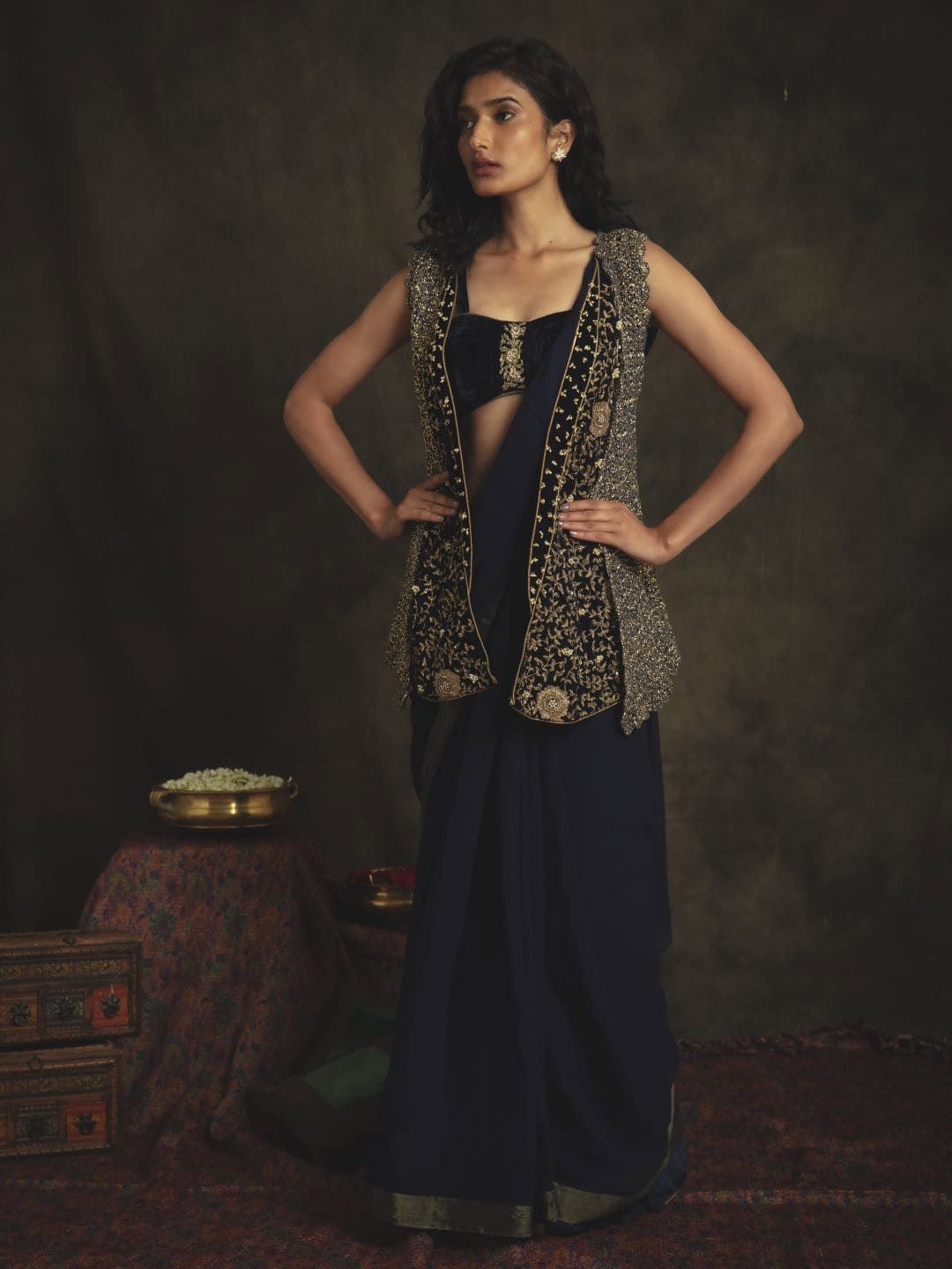 

Nikita Vishakha Embroidered Velvet Ready to Wear Saree With Blouse, Navy blue