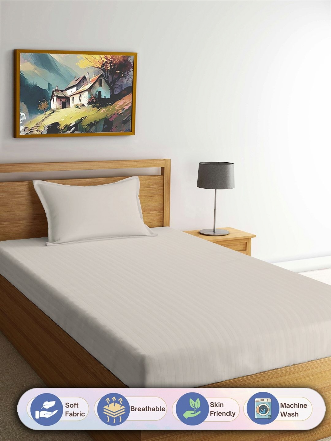 

FABINALIV Cream-Coloured Striped 300 TC Single Bedsheet with 1 Pillow Cover