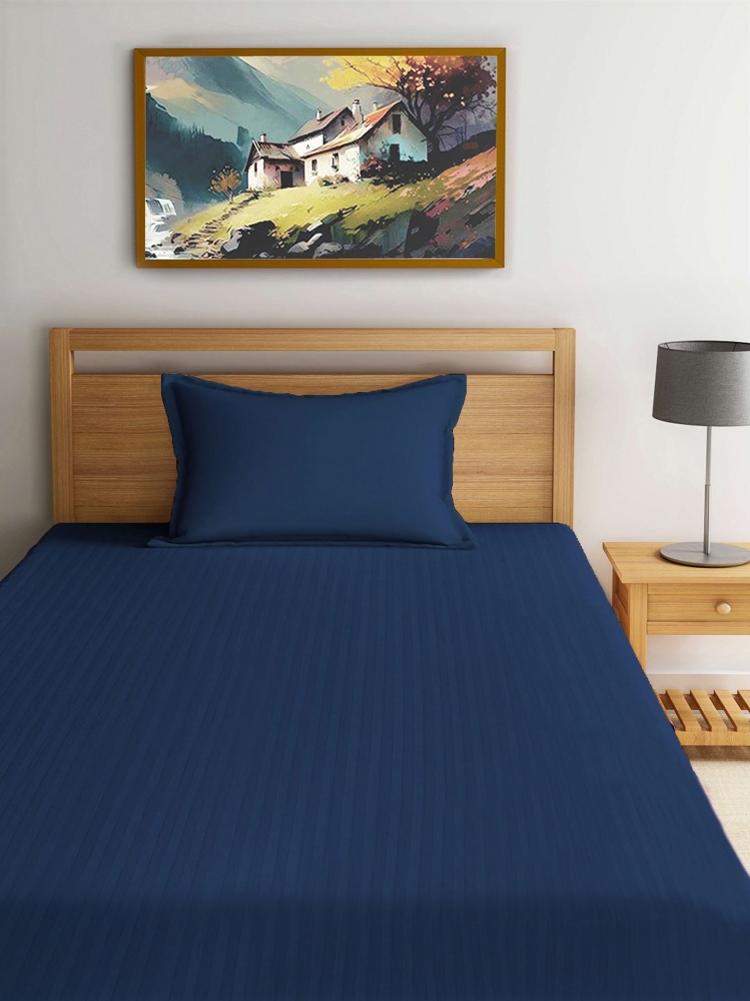 

FABINALIV Navy Blue Striped 300 TC Single Bedsheet With 1 Pillow Cover