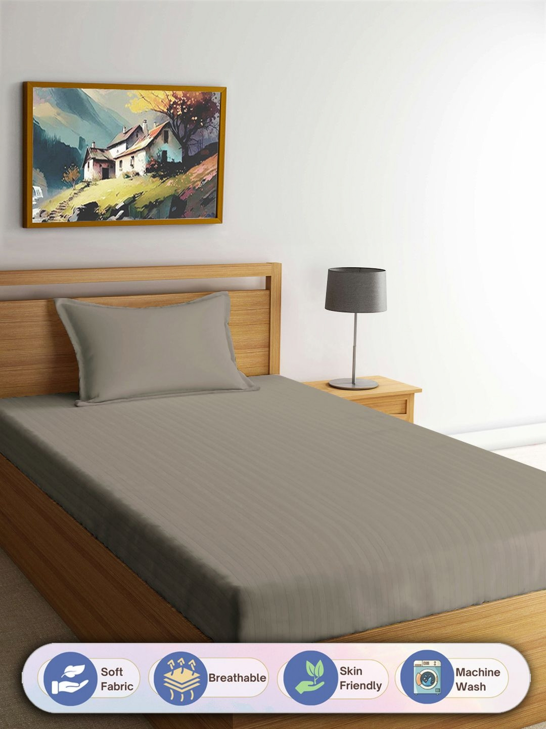 

FABINALIV Taupe Striped 300 TC Single Bedsheet with 1 Pillow Cover