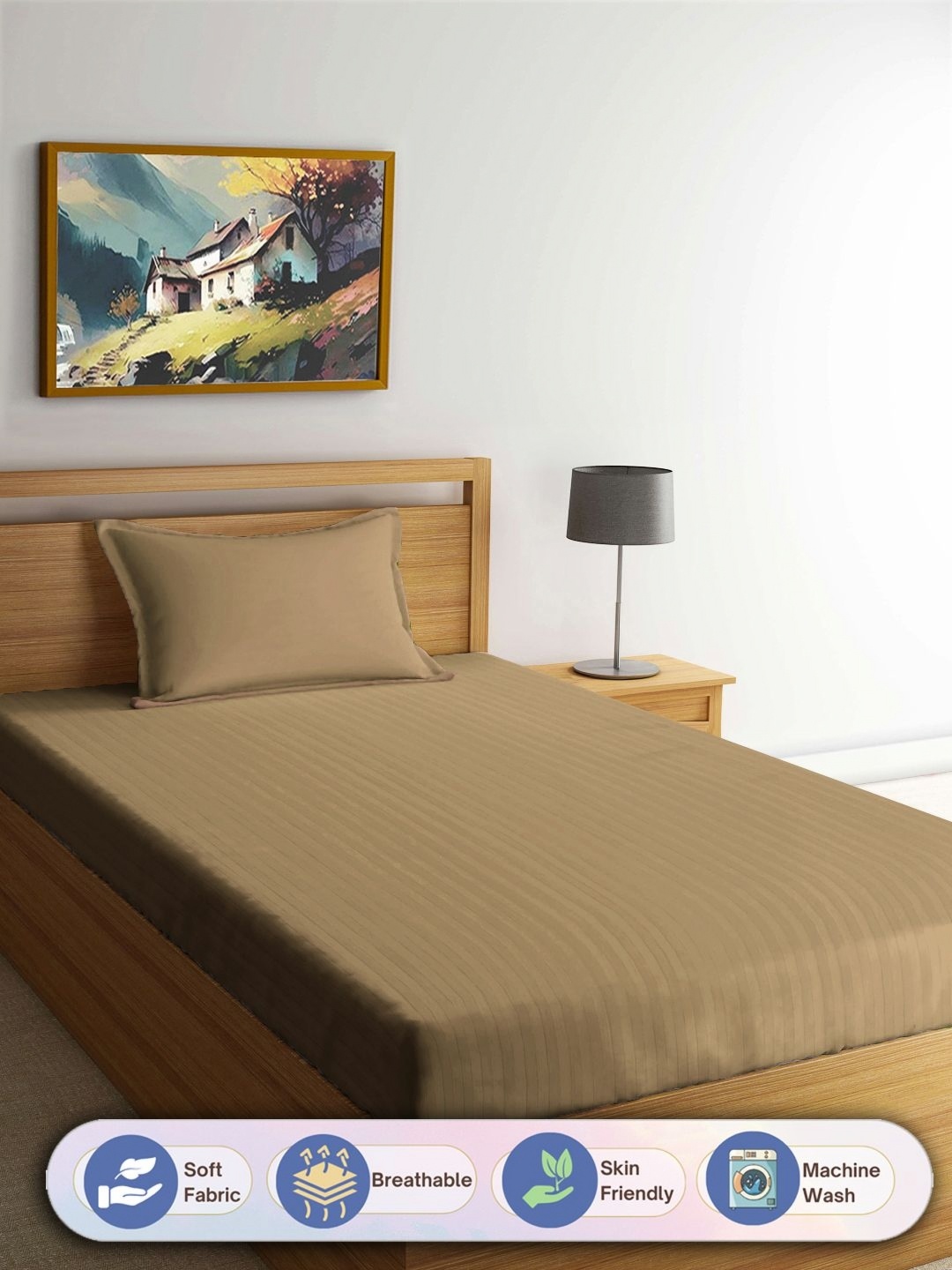 

FABINALIV Beige Striped 300 TC Single Bedsheet With 1 Pillow Cover