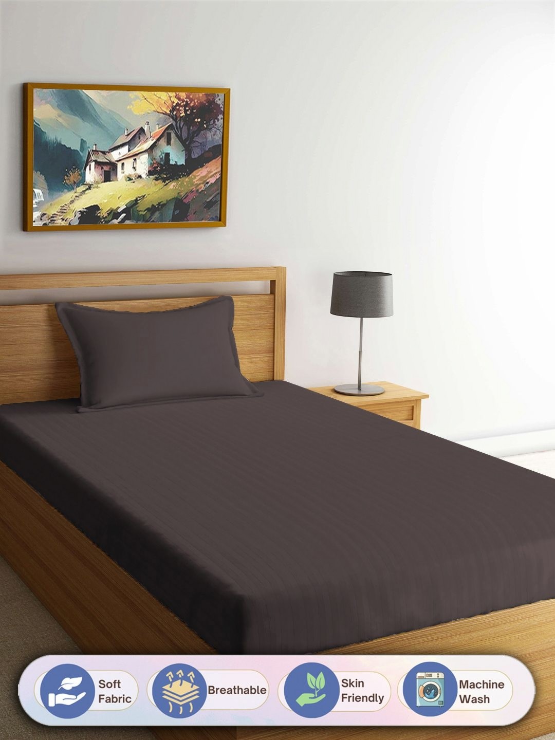 

FABINALIV Coffee Brown Striped 300 TC Single Bedsheet with 1 Pillow Cover