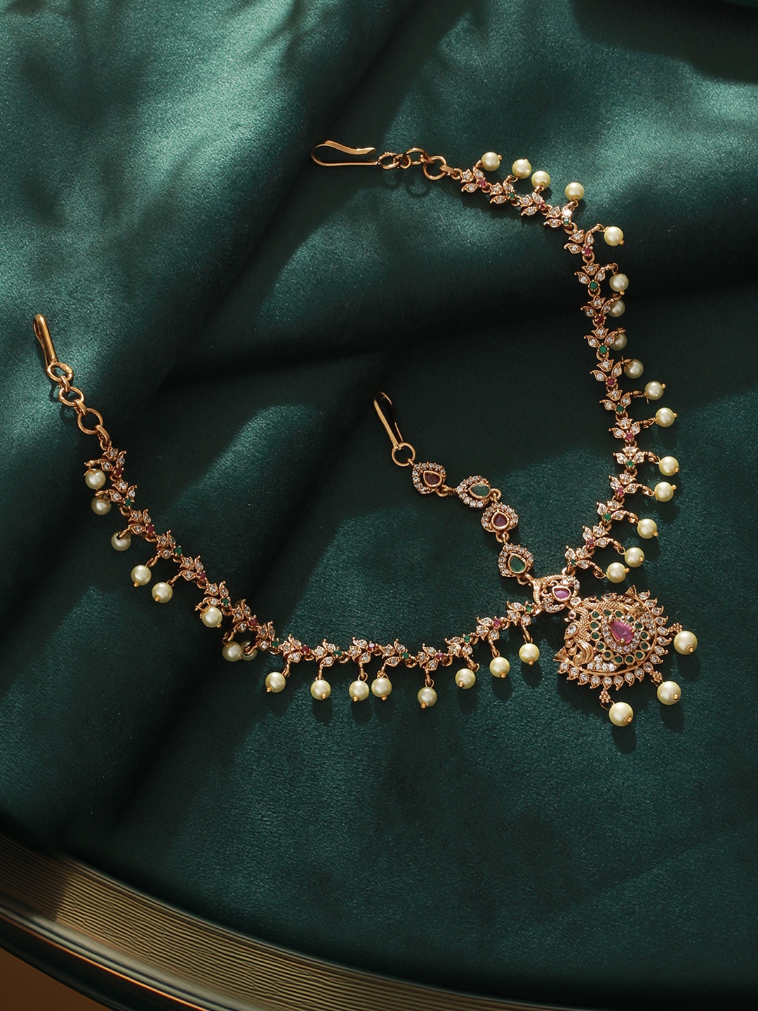 

Saraf RS Jewellery Gold-Plated AD Studded & Pearls Beaded Matha Patti