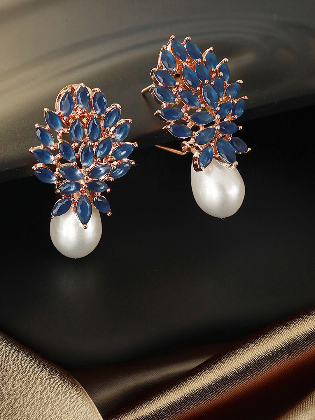 

Saraf RS Jewellery Rhodium-Plated American Diamond Studded Pearls Beaded Drop Earrings, Rose gold