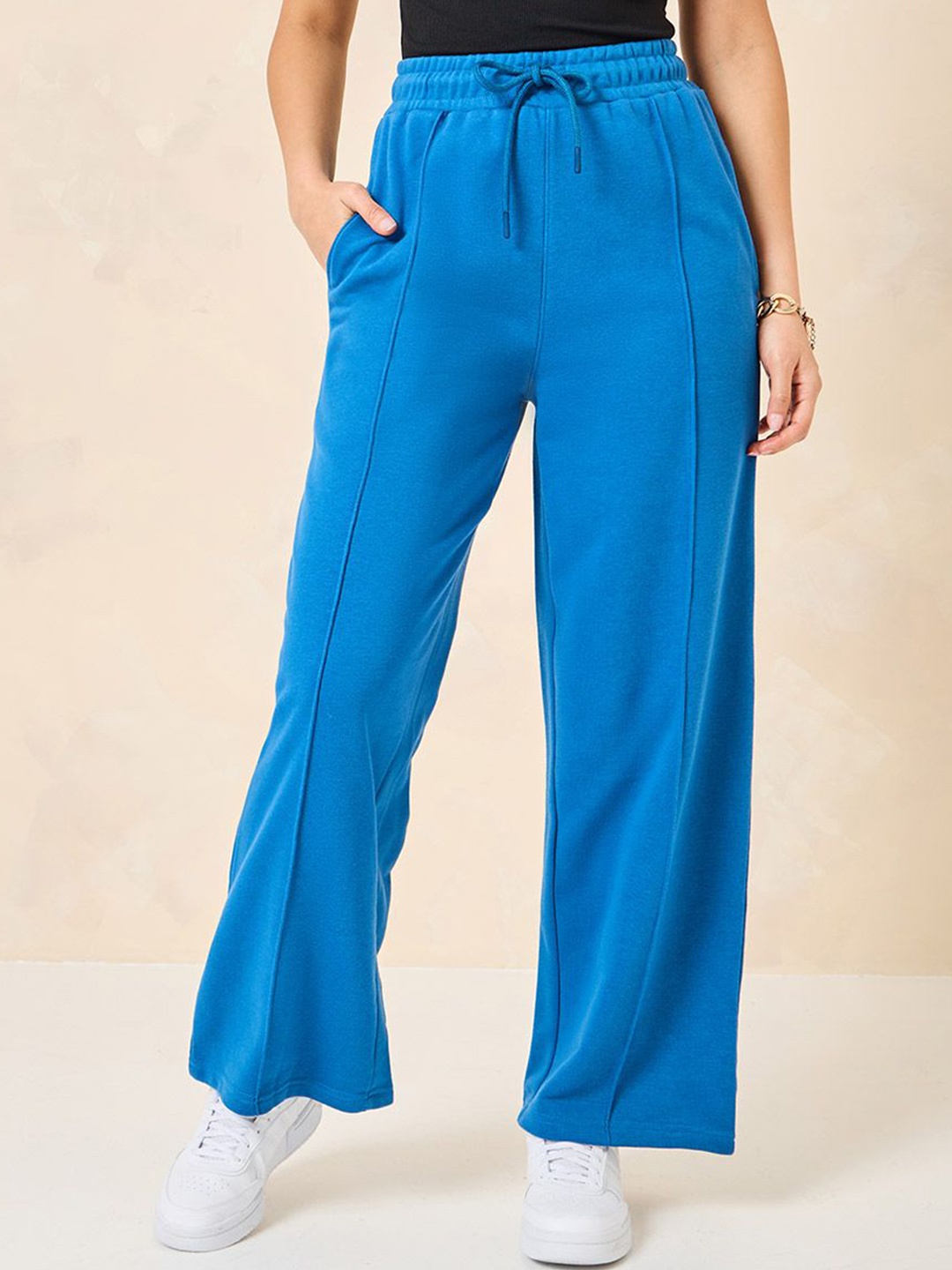 

Styli Women Solid Pure Cotton Wide Leg Jogger, Blue