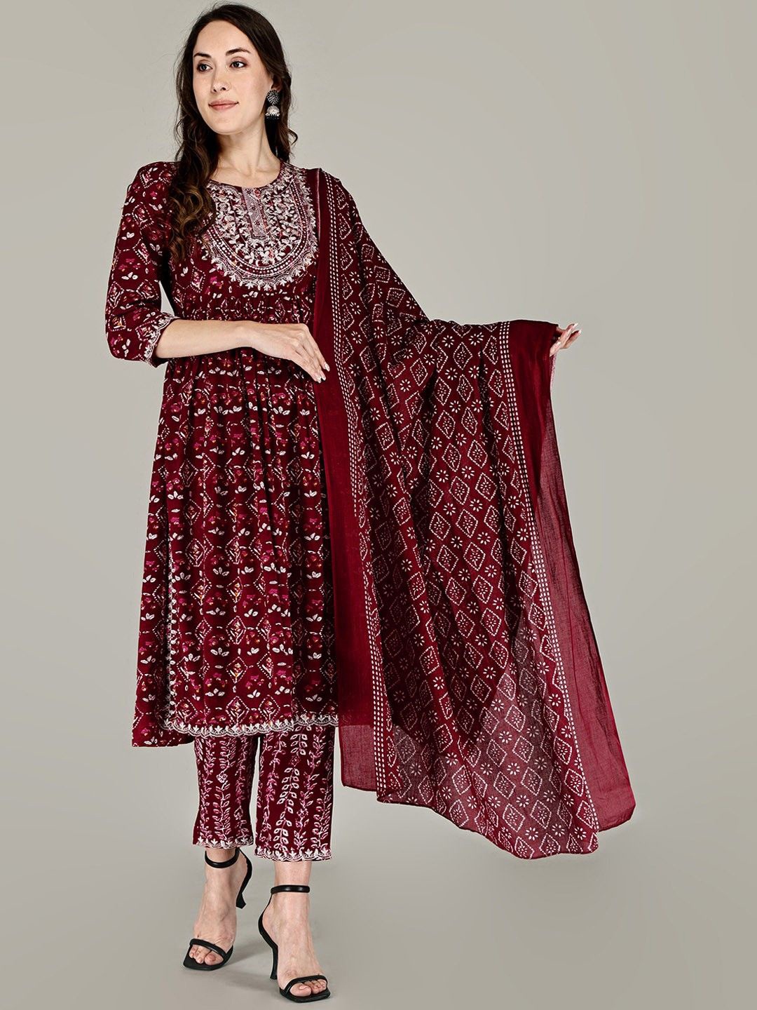 

BAESD Ethnic Motifs Printed Round Neck Thread Work Straight Kurta with Trousers & Dupatta, Maroon