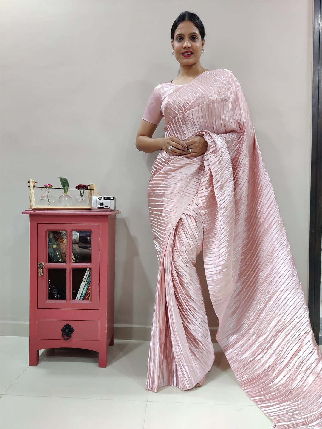 

TEEYA CREATION Solid Satin Saree, Coral