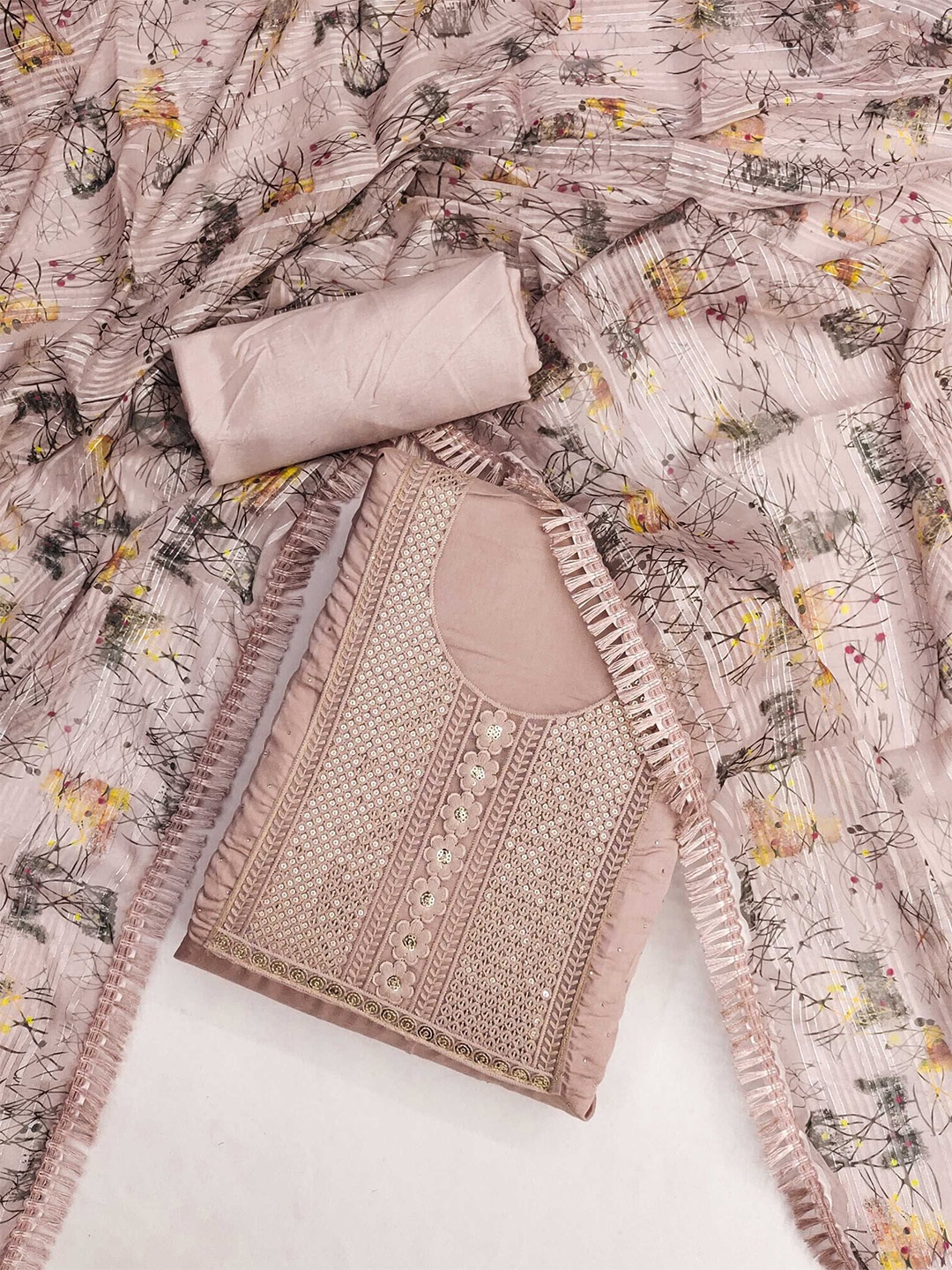 

KALINI Floral Embroidered Sequinned Unstitched Dress Material, Peach