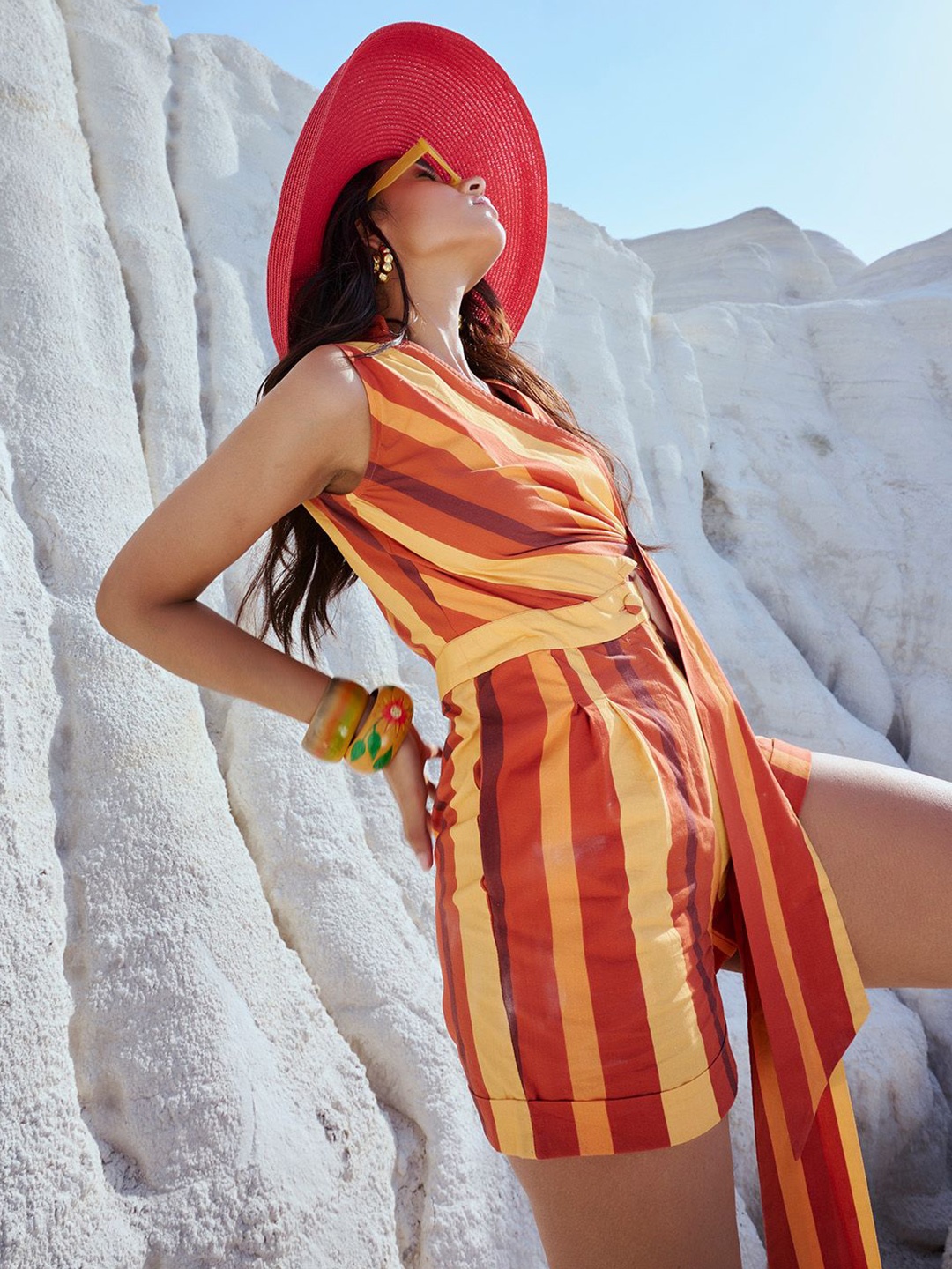 

ZACCAI Striped Cotton V-Neck Waist Tie-Ups Wrap Playsuit, Rust