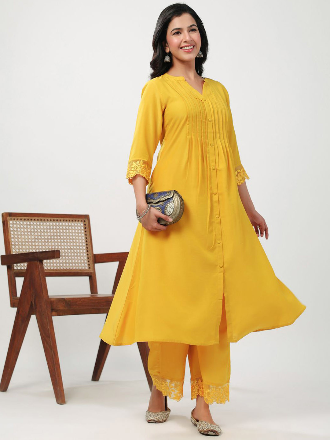 

Janasya Yellow Mandarin Collar Pleated Detailed A-Line Kurta With Trousers