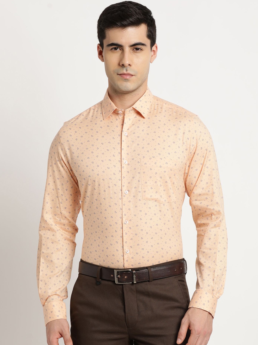 

Turtle Men Micro Ditsy Printed Spread Collar Formal Shirt, Beige