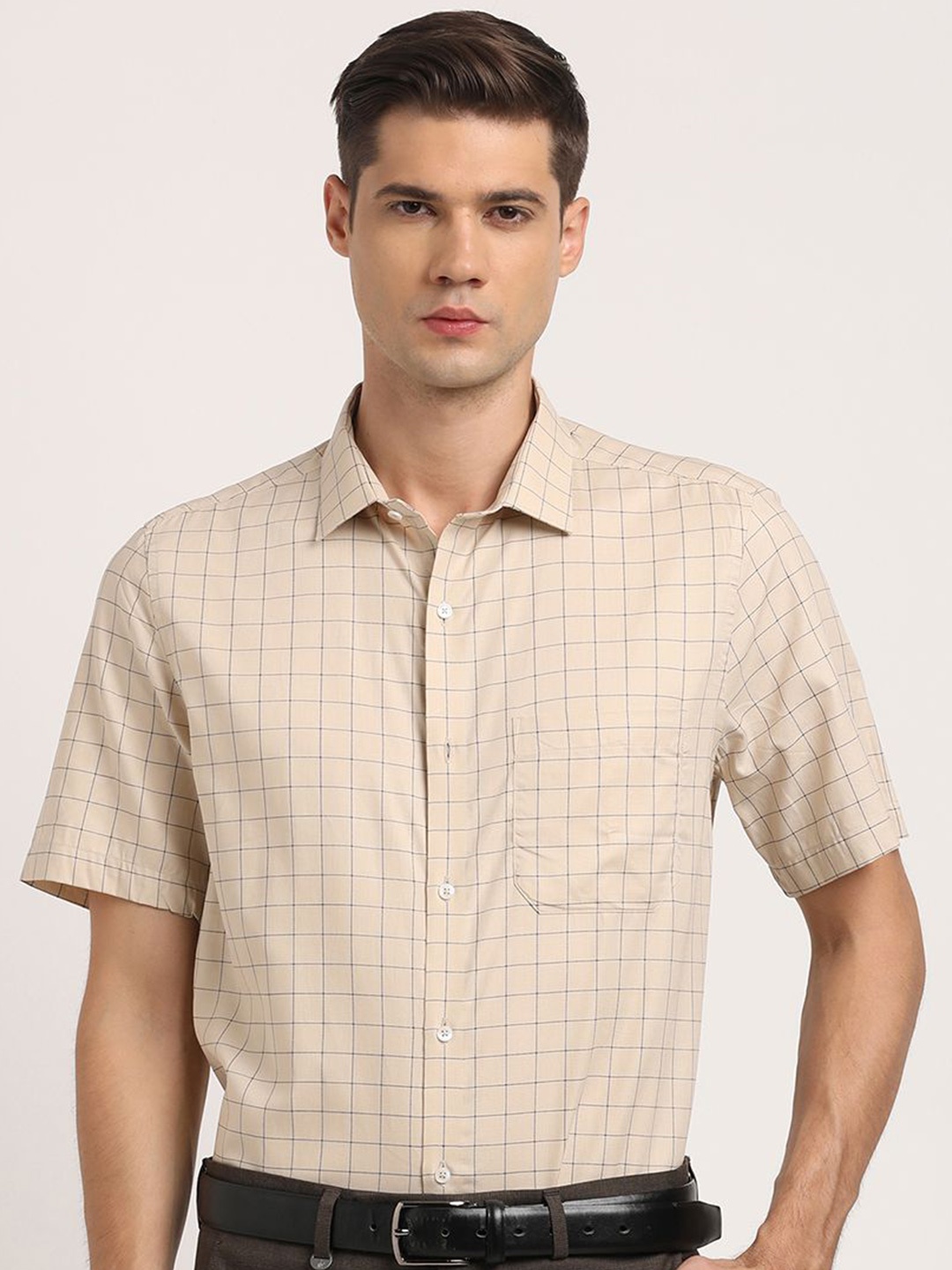 

Turtle Men Grid Tattersall Checked Spread Collar Formal Shirt, Beige