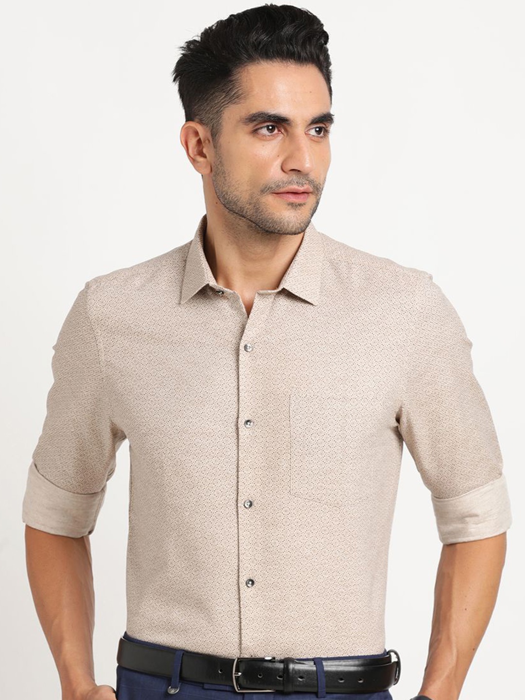 

Turtle Men Micro Ditsy Printed Spread Collar Formal Shirt, Beige