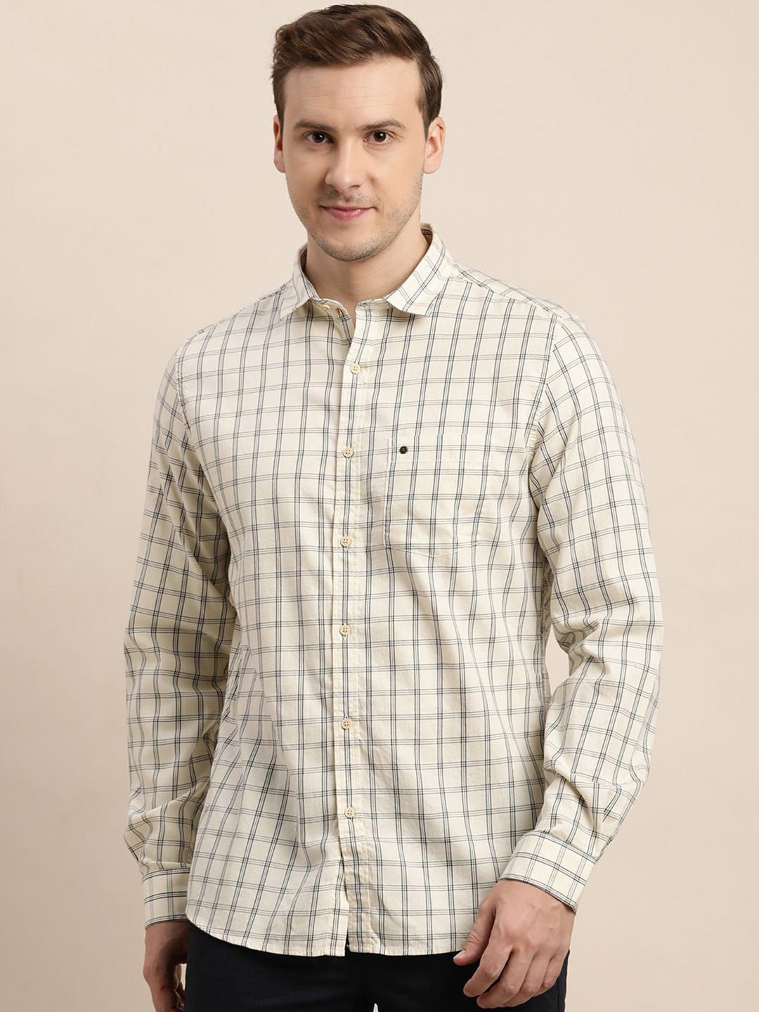 

Turtle Men Checked Spread Collar Casual Shirt, Cream