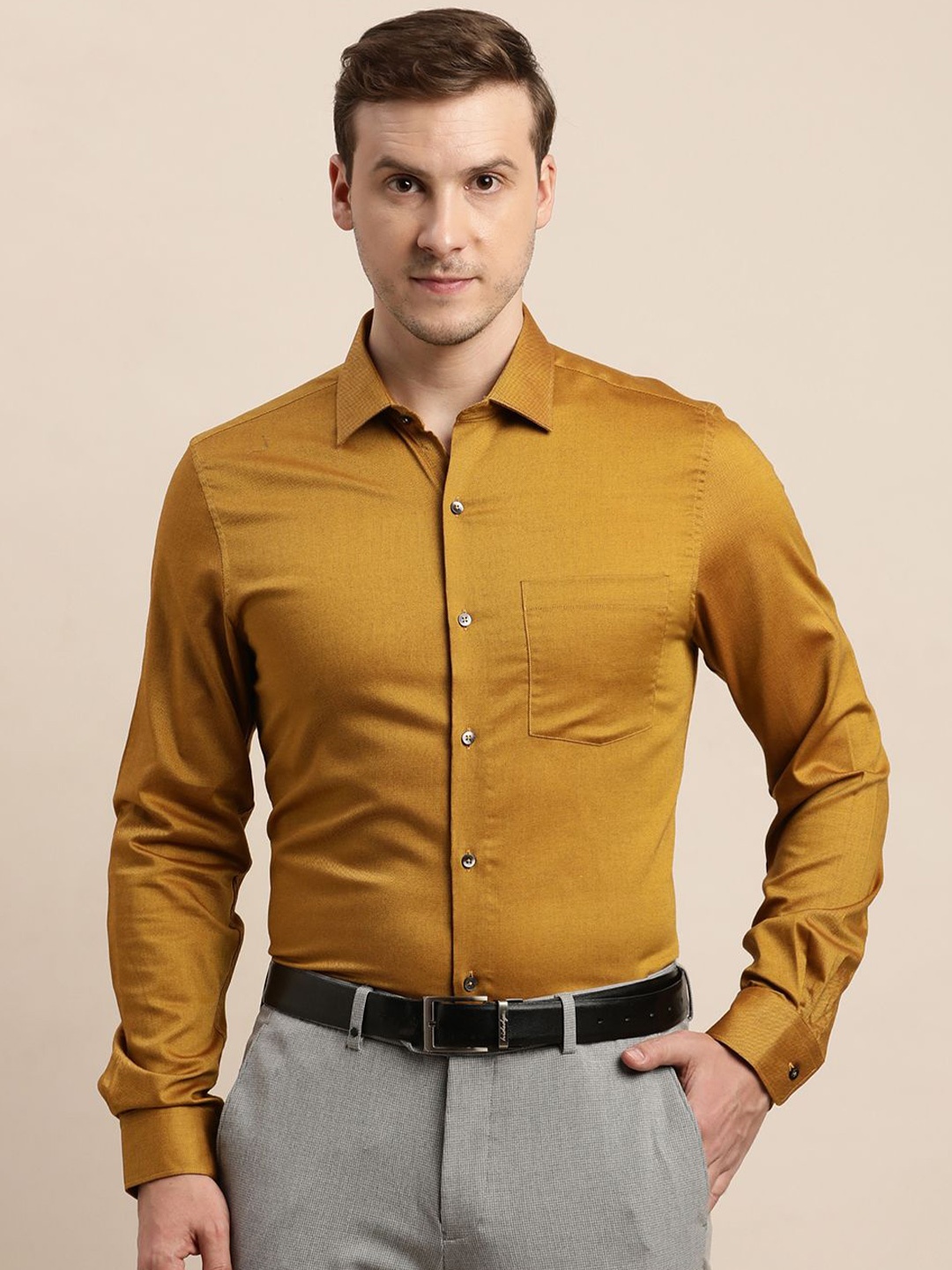 

Turtle Men Solid Spread Collar Formal Shirt, Mustard