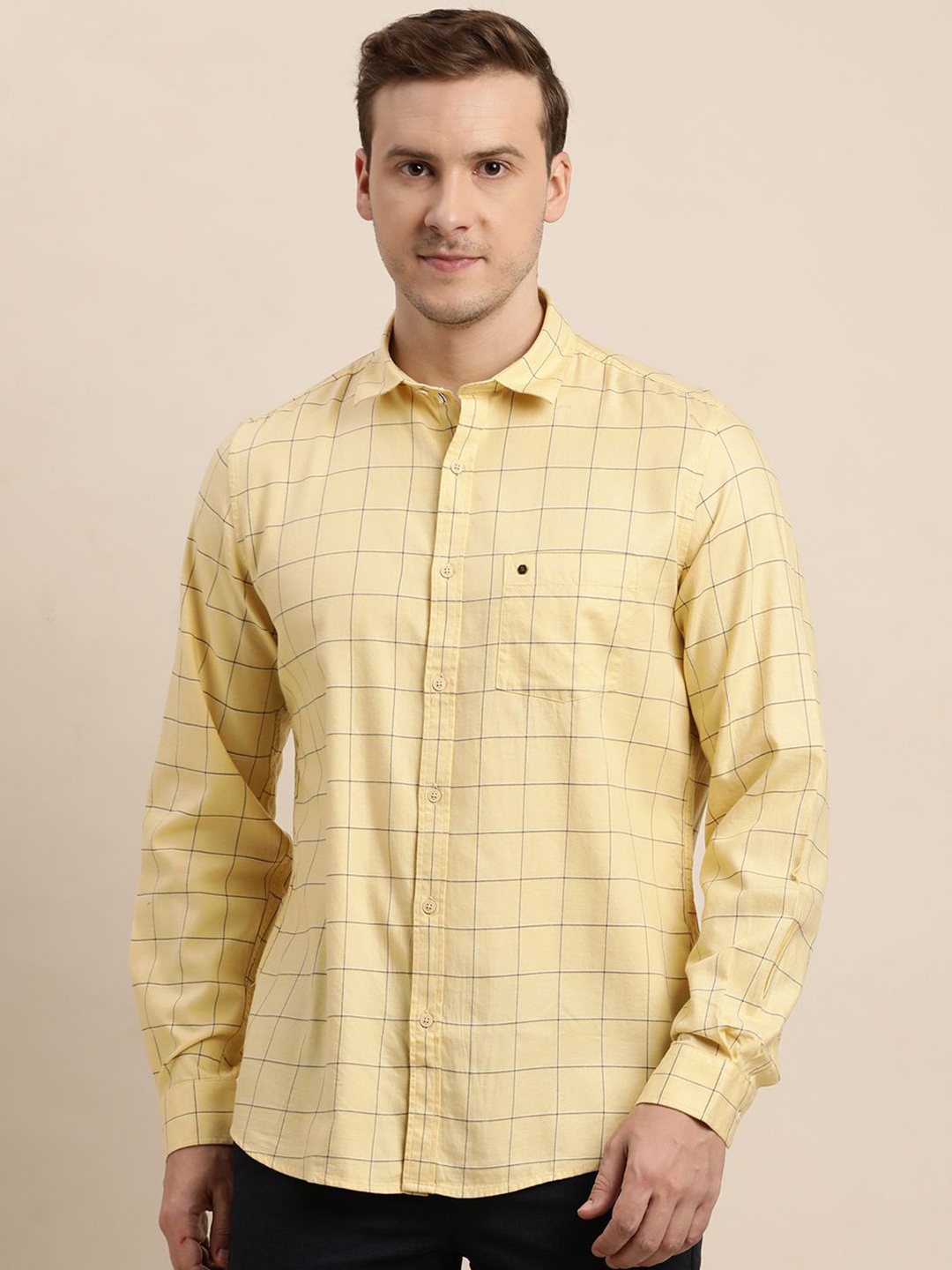 

Turtle Men Windowpane Checked Spread Collar Formal Shirt, Yellow