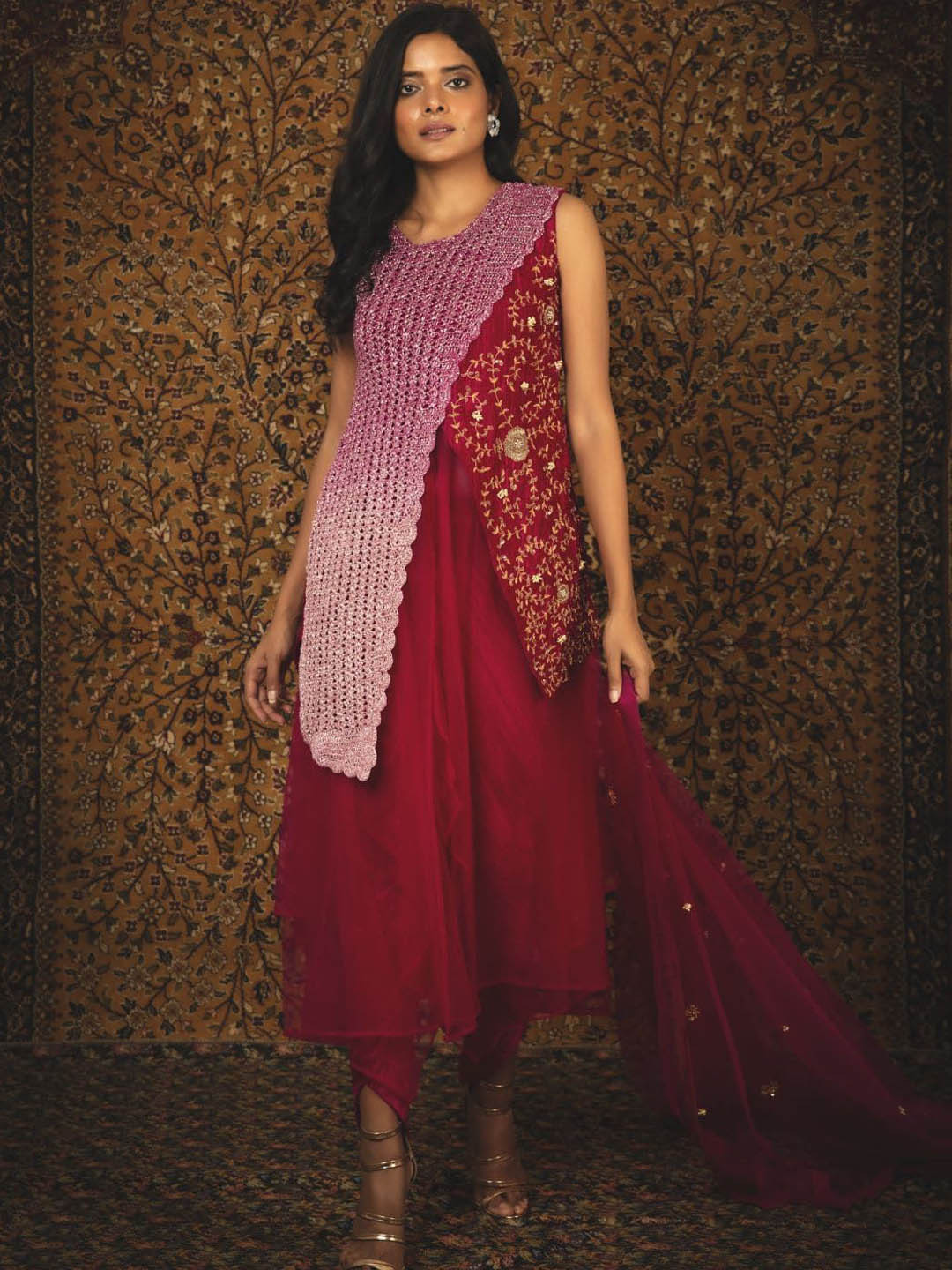 

Nikita Vishakha Floral Embroidered Thread Work Velvet A-Line Kurta With Trousers & Dupatta, Magenta