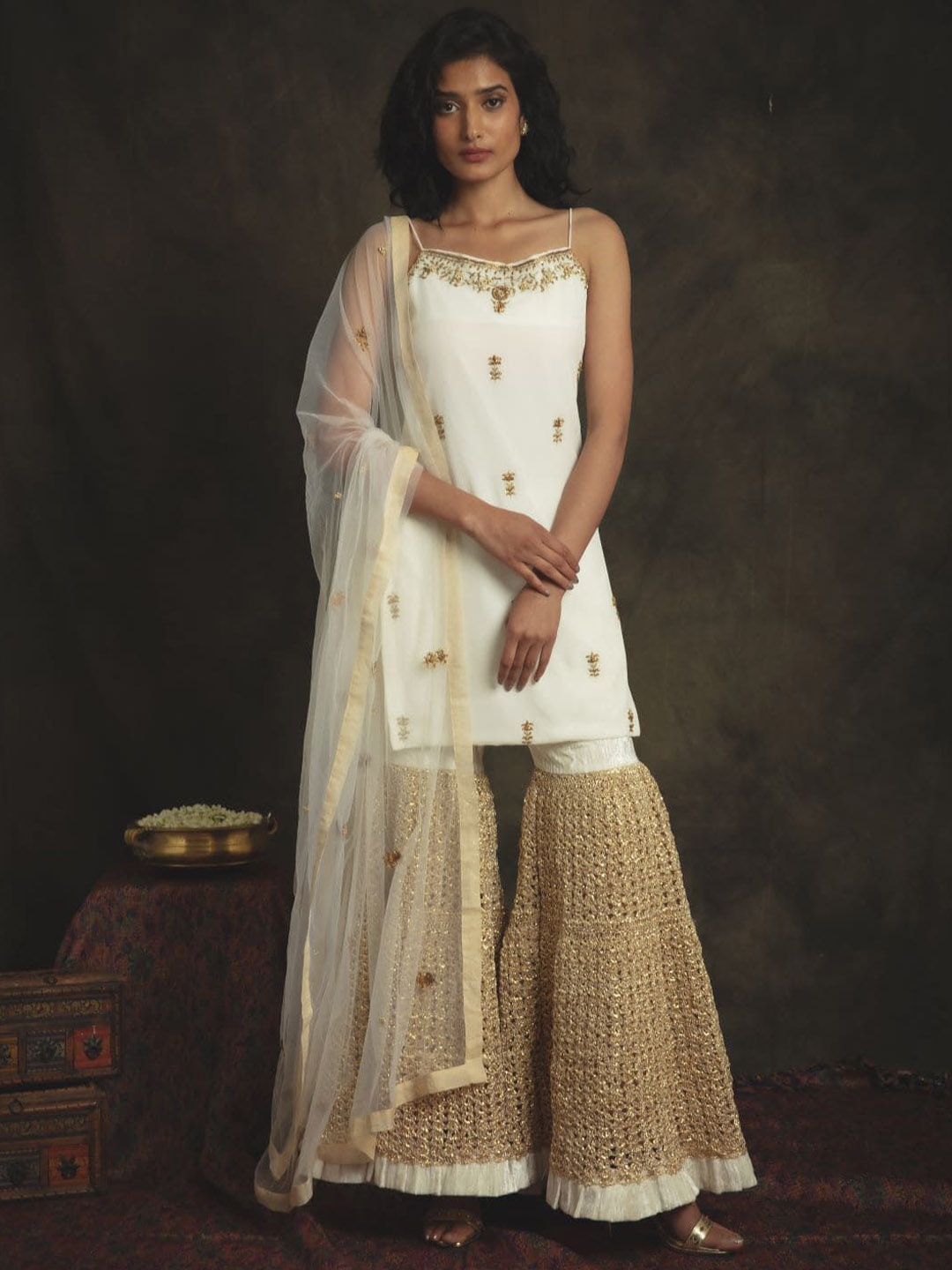 

Nikita Vishakha Floral Embroidered Georgette Straight Kurti With Sharara & Dupatta, White