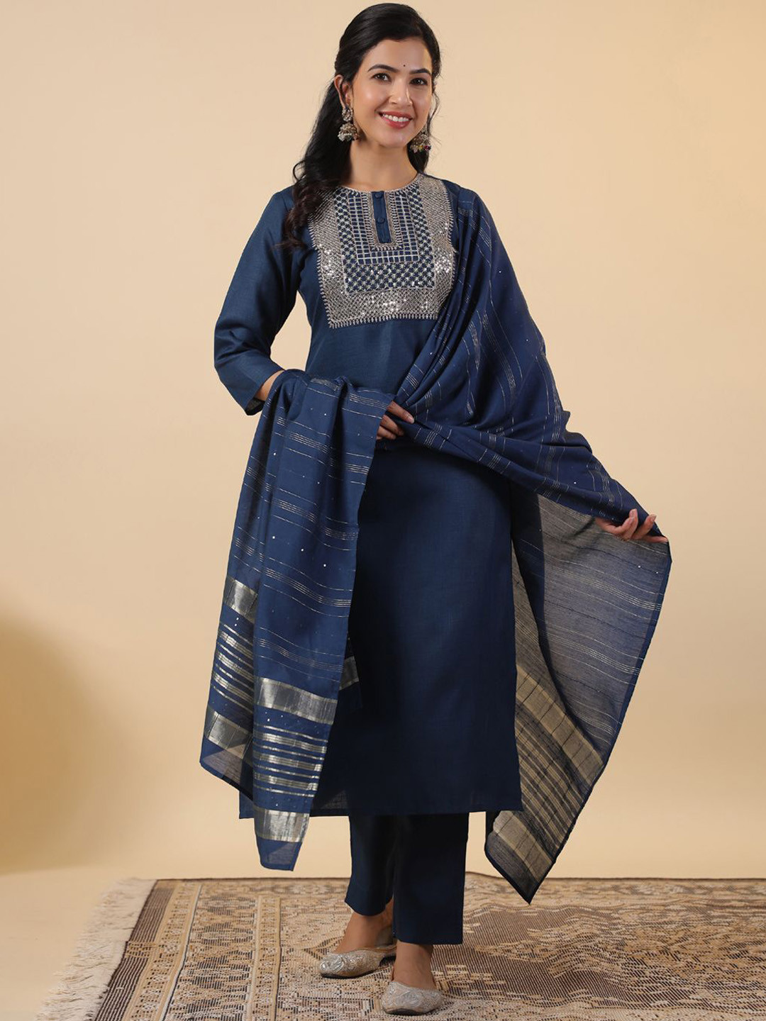 

KALINI Floral Embroidered Regular Sequinned Kurta ,Trousers & Dupatta, Blue
