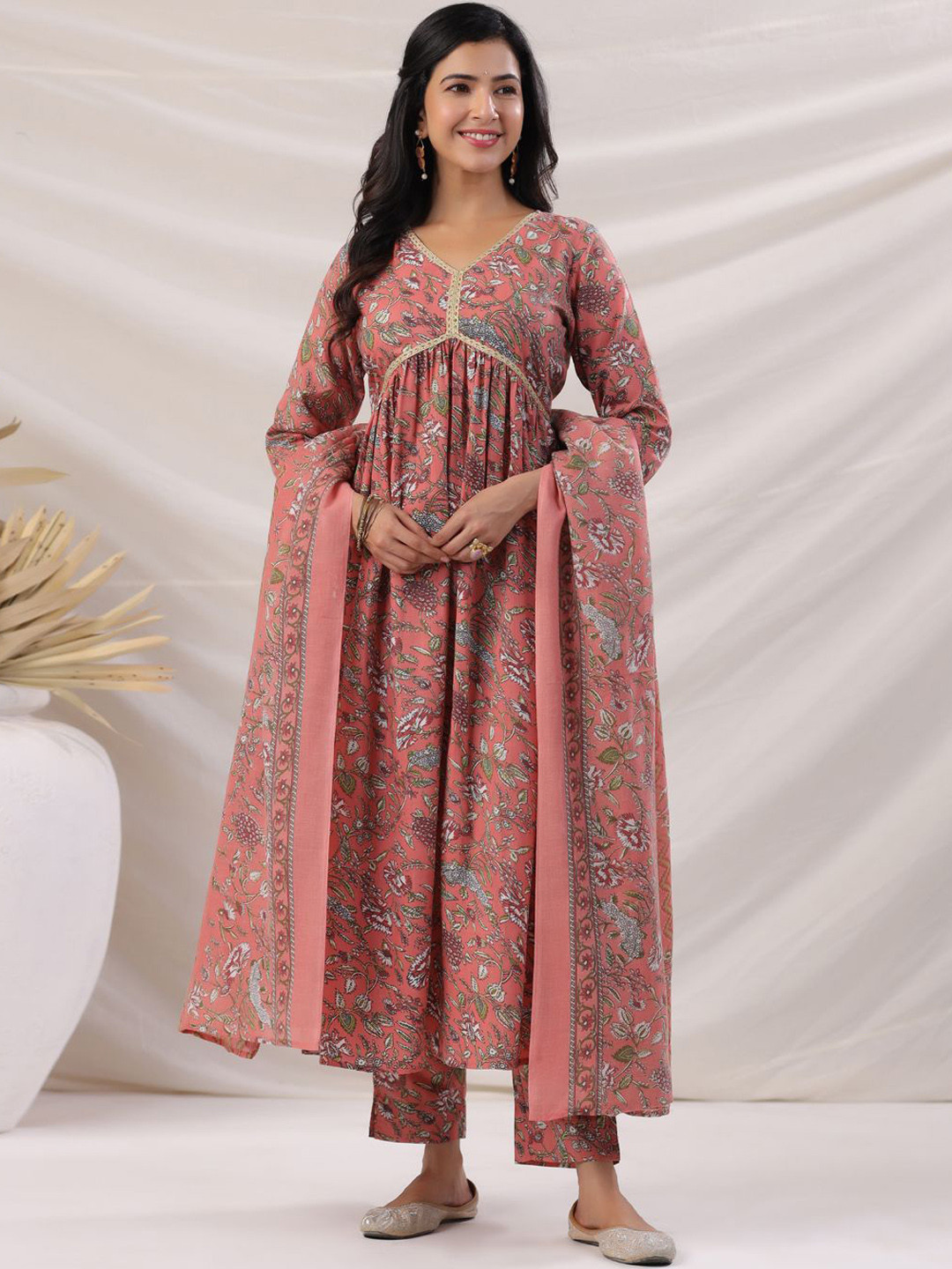 

KALINI Floral Printed Empire Gotta Patti Pure Cotton Kurta With Trousers & Dupatta, Peach