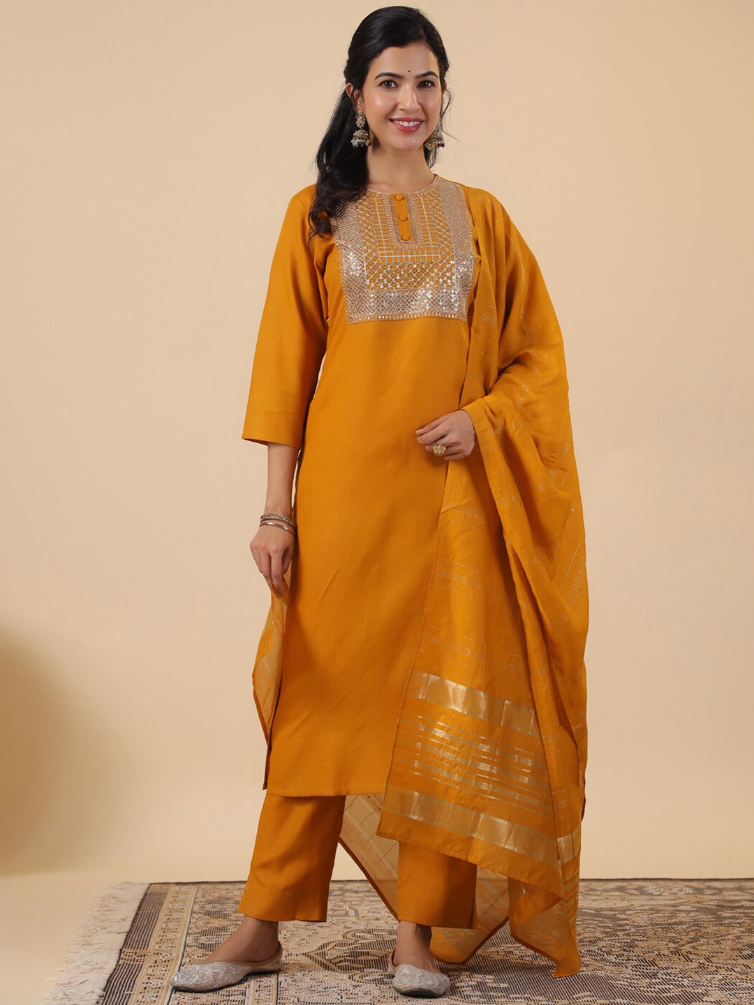 

KALINI Floral Embroidered Regular Sequinned Kurta ,Trousers & Dupatta, Mustard