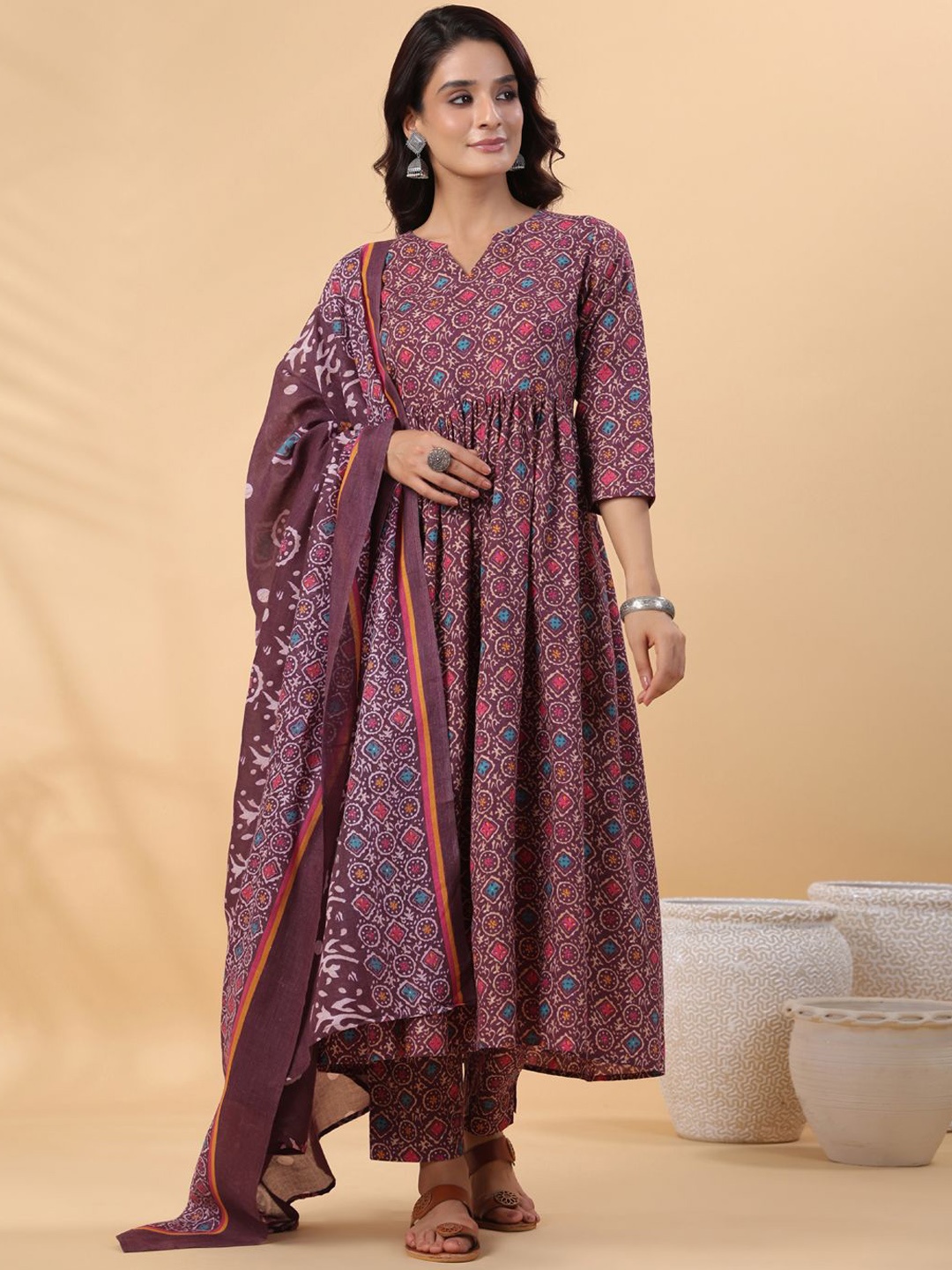 

KALINI Ethnic Motifs Printed Anarkali Kurta With Trousers & Dupatta, Maroon