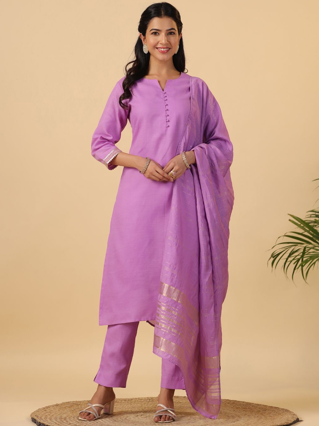 

KALINI Mandarin Collar Regular Kurta ,Trousers & Dupatta, Lavender