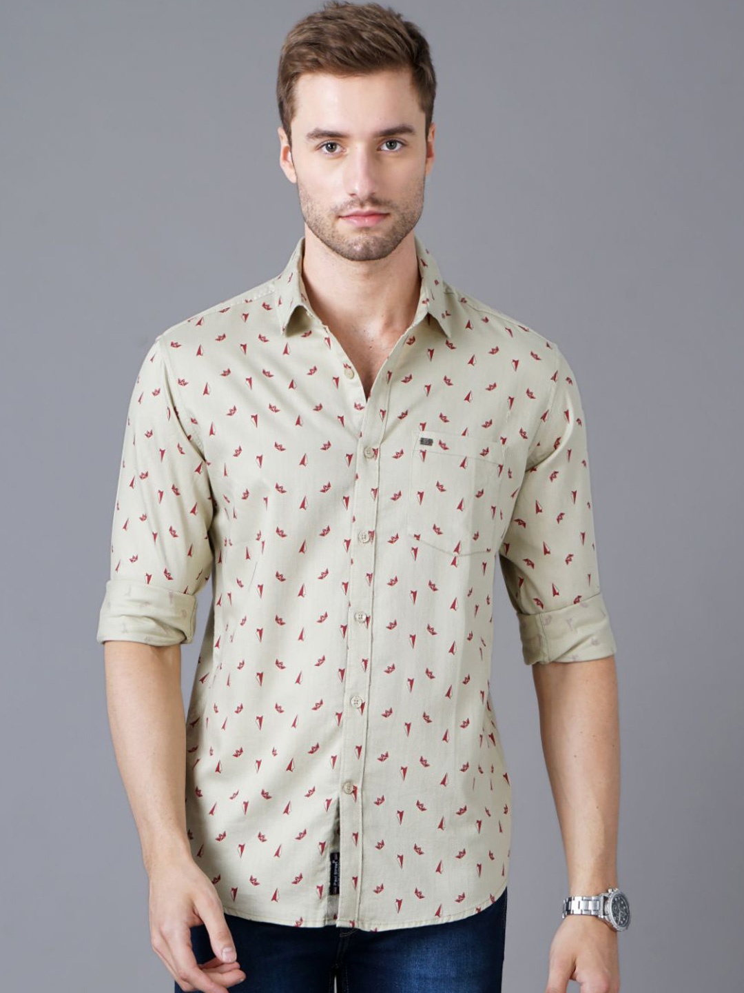 

PAUL STREET Men Conversational Printed Standard Slim Fit Pure Cotton Casual Shirt, Cream