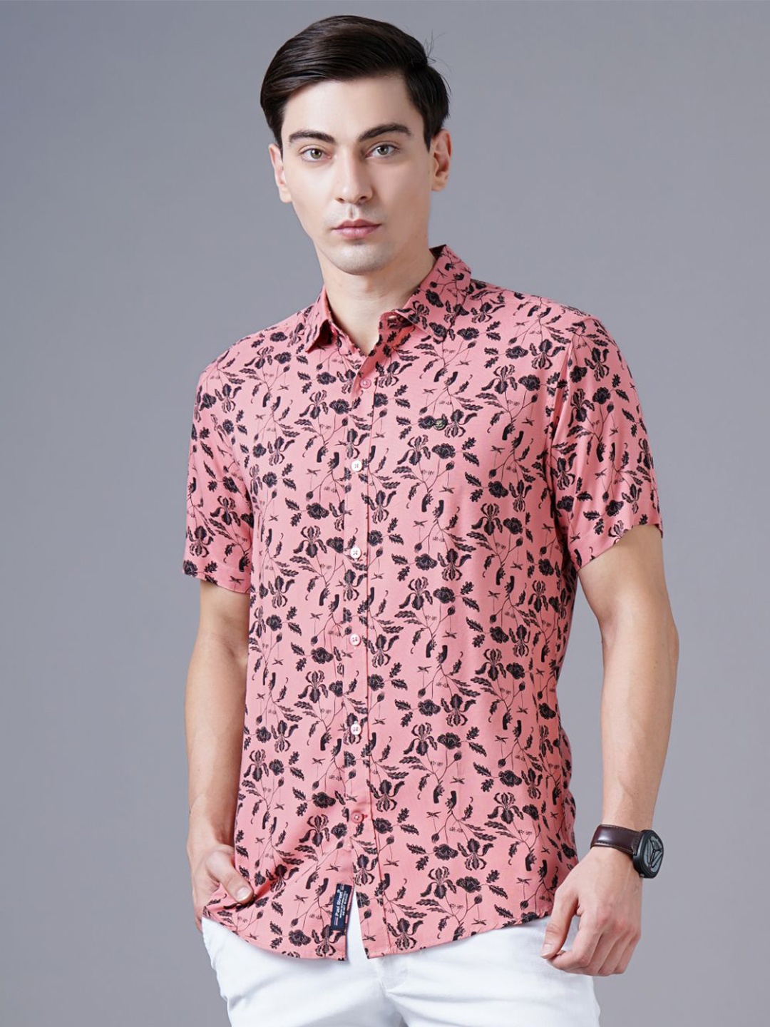 

PAUL STREET Men Slim Fit Floral Printed Spread Collar Casual Shirt, Pink