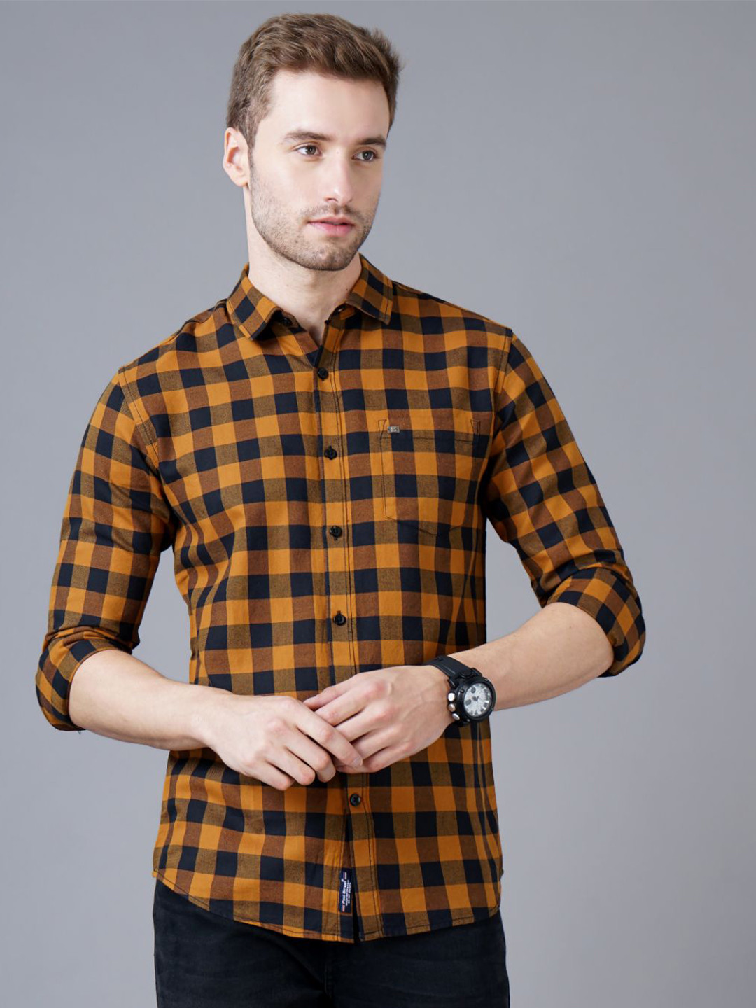 

PAUL STREET Men Checked Spread Collar Casual Shirt, Brown