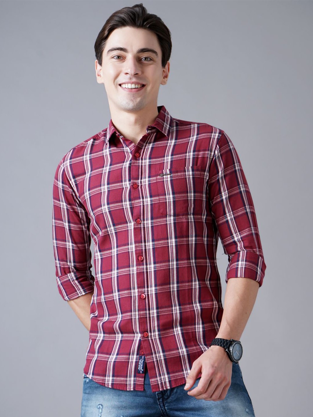 

PAUL STREET Men Slim Fit Tartan Checks Spread Collar Pure Cotton Casual Shirt, Red