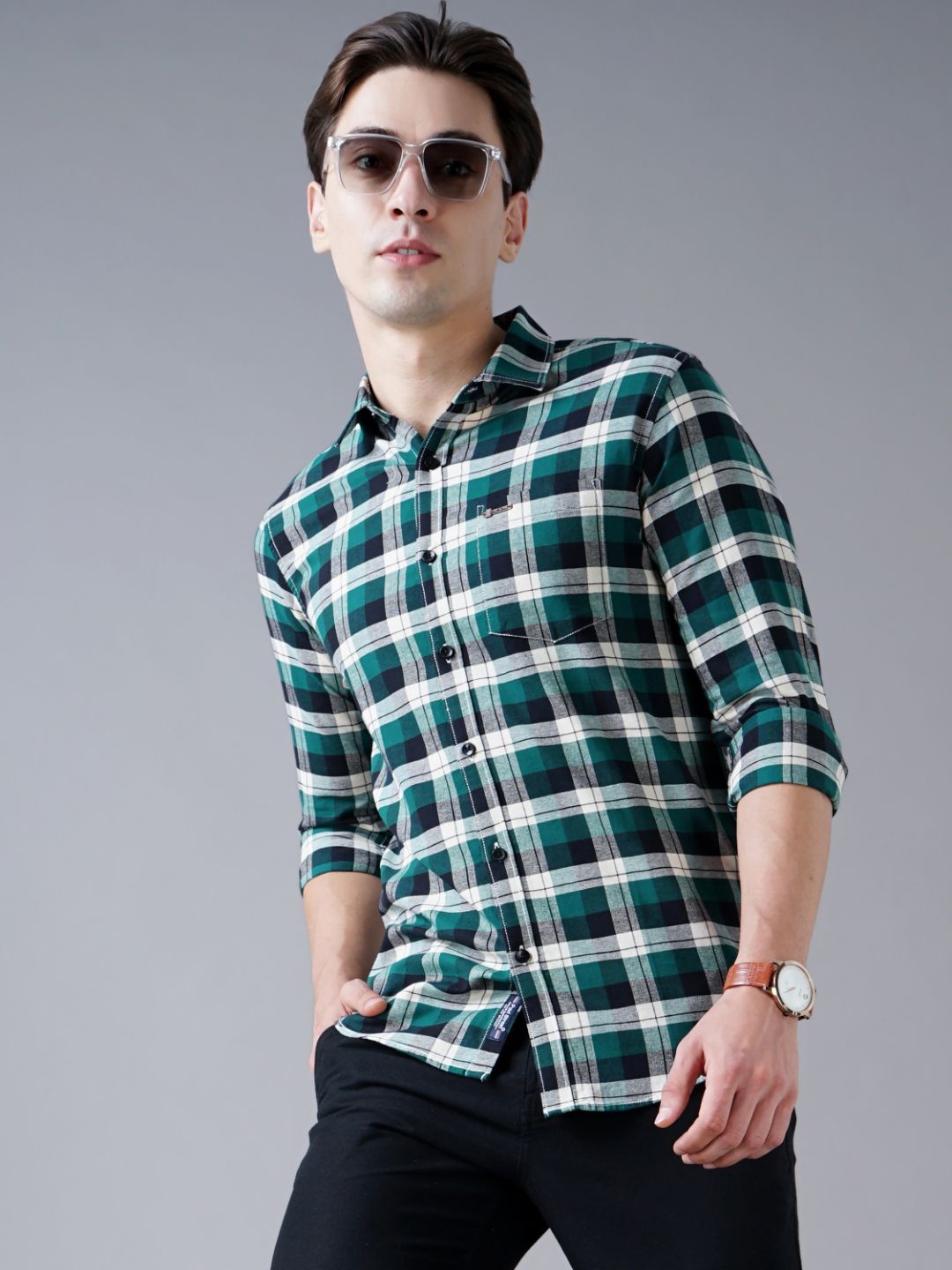 

PAUL STREET Men Slim Fit Tartan Checks Spread Collar Casual Shirt, Green