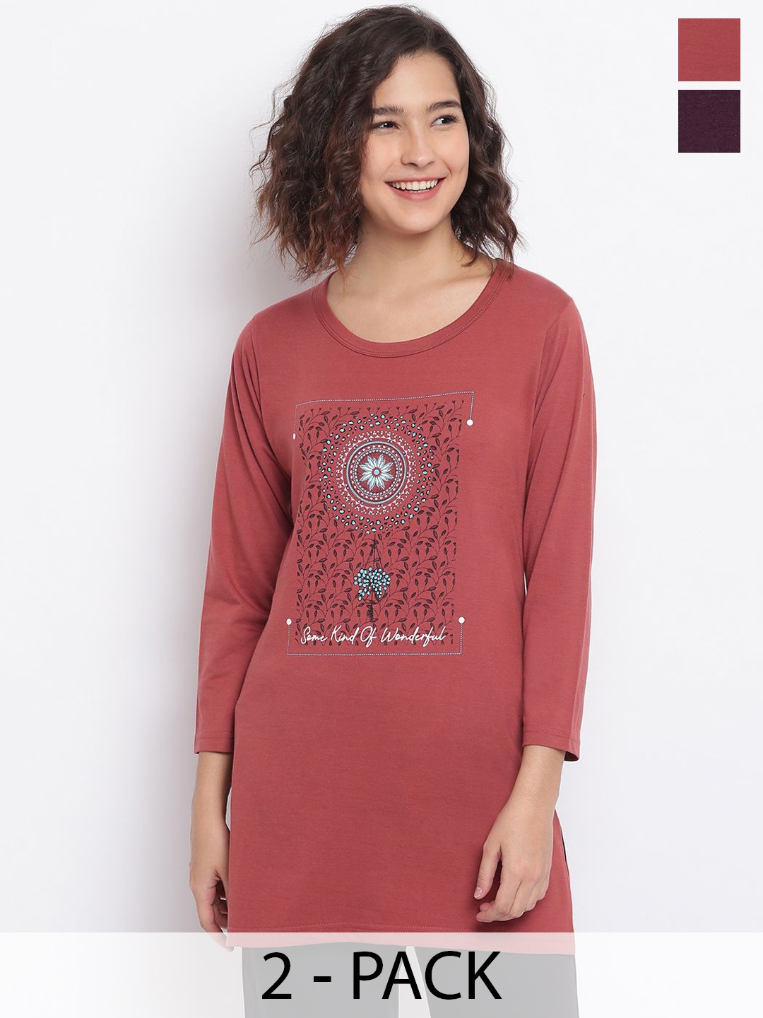 

Duchess Pack of 2 Printed Round Neck Lounge T-Shirts, Peach