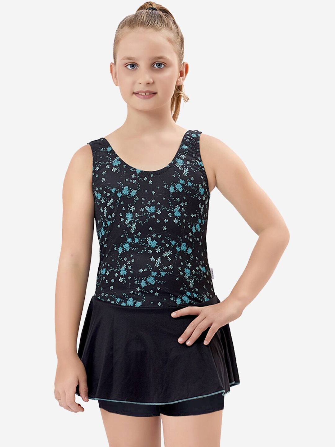 

VELOZ Girls Floral Printed Round Neck Swimming Dress, Black