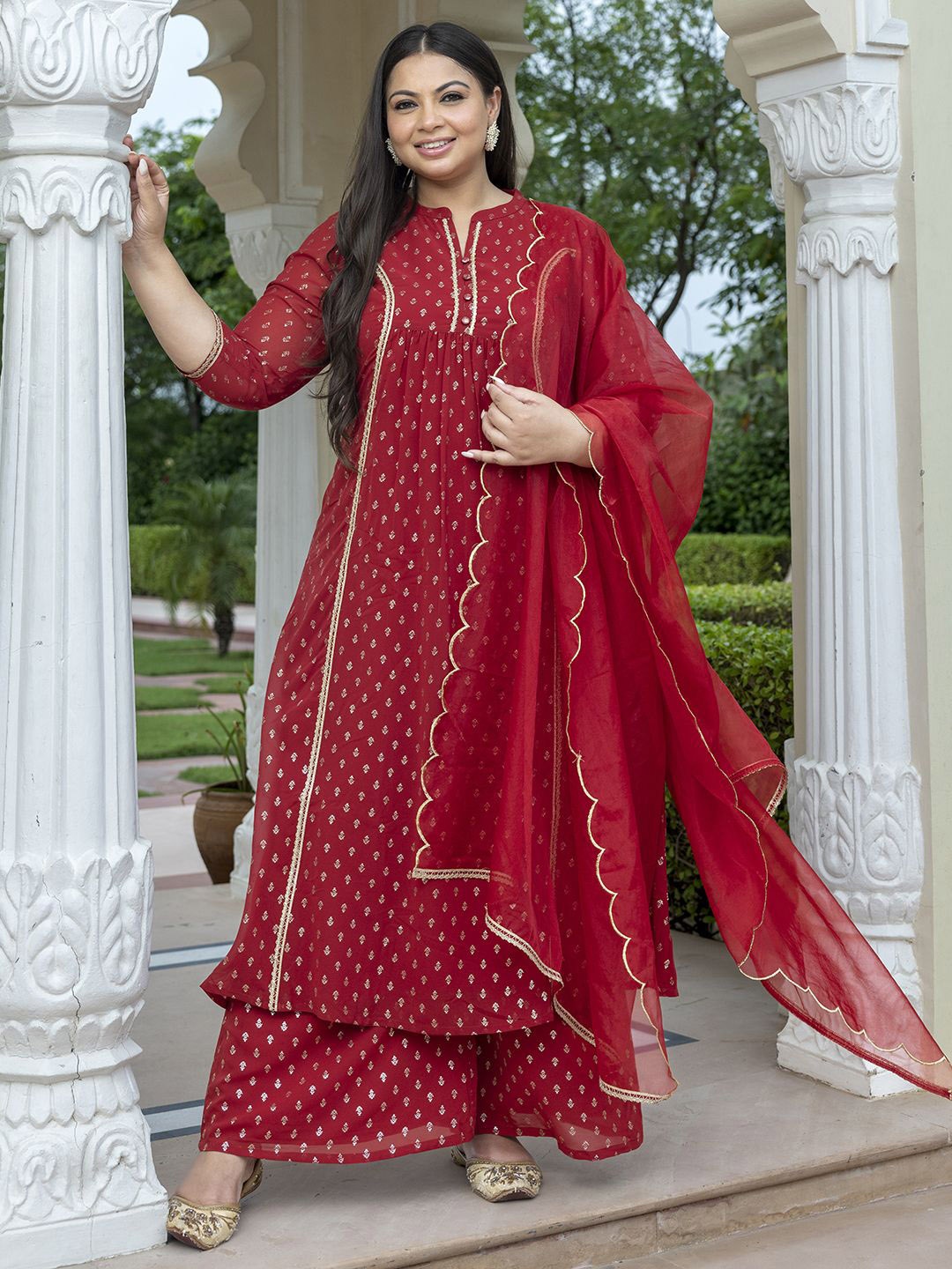 

Janasya Maroon Ethnic Motifs Self Design Zari Detailed Kurta With Palazzos & Dupatta