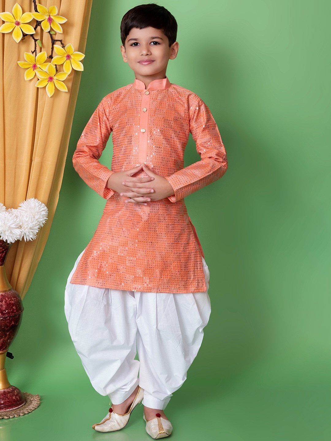 

BAESD Boys Floral Embroidered Mandarin Collar Dupion Silk Straight Kurta with Patiala, Peach