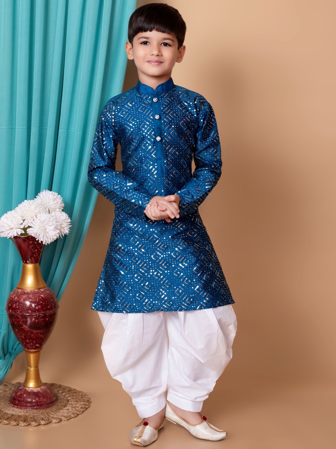 

BAESD Boys Embroidered Mandarin Collar Sequinned Straight Kurta with Patiala, Blue